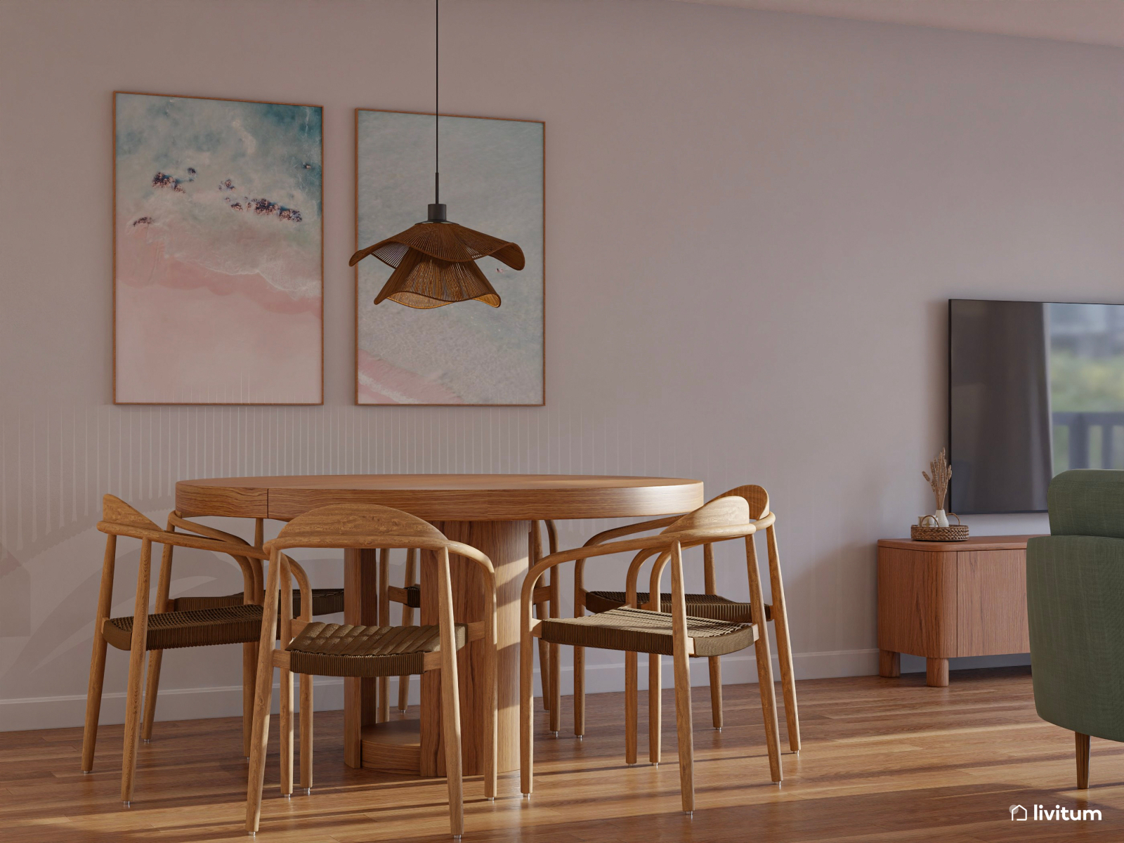 Luminoso salón comedor en madera y toques celestes 