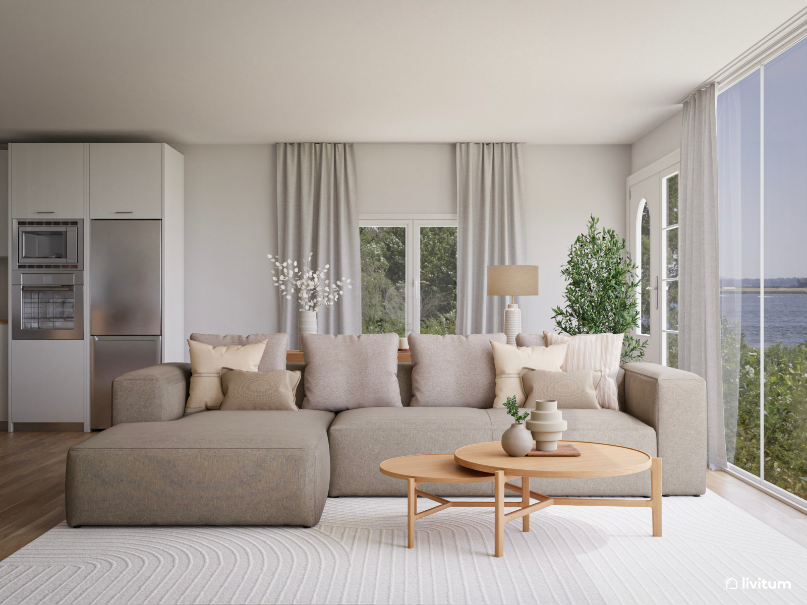 Luminoso y amplio salón comedor con toques de minimalismo cálido