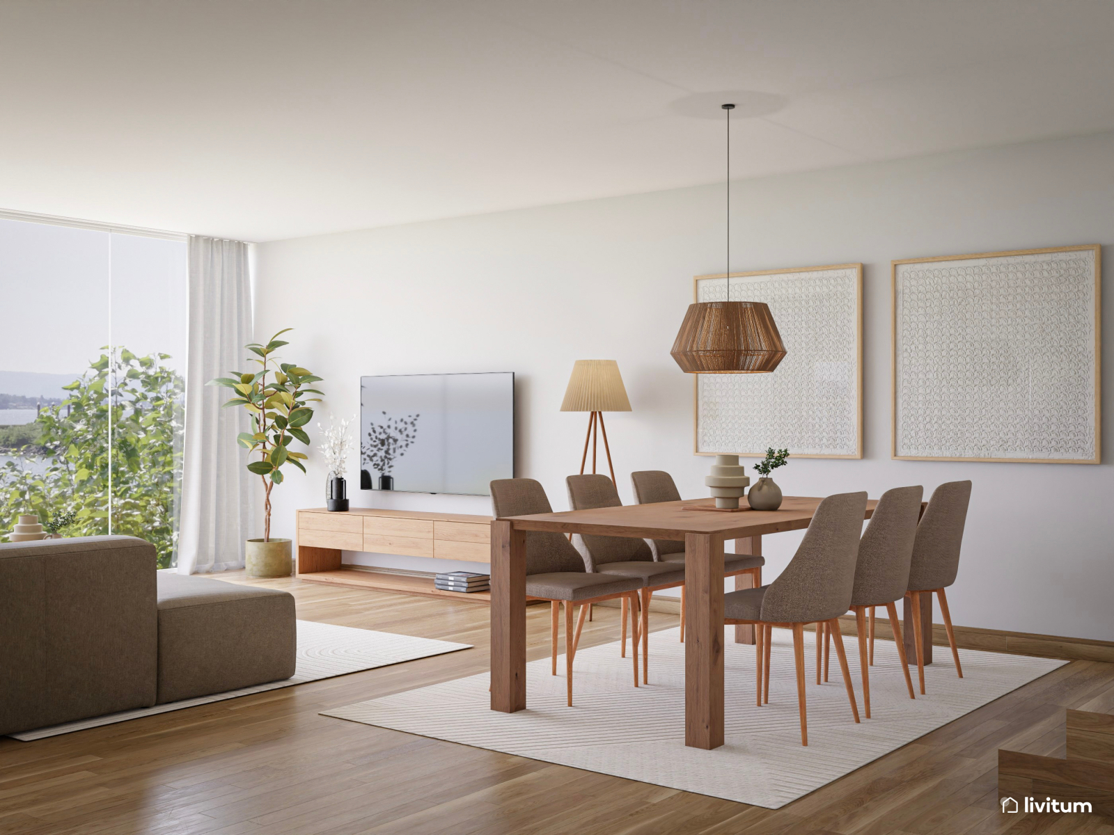 Luminoso y amplio salón comedor con toques de minimalismo cálido