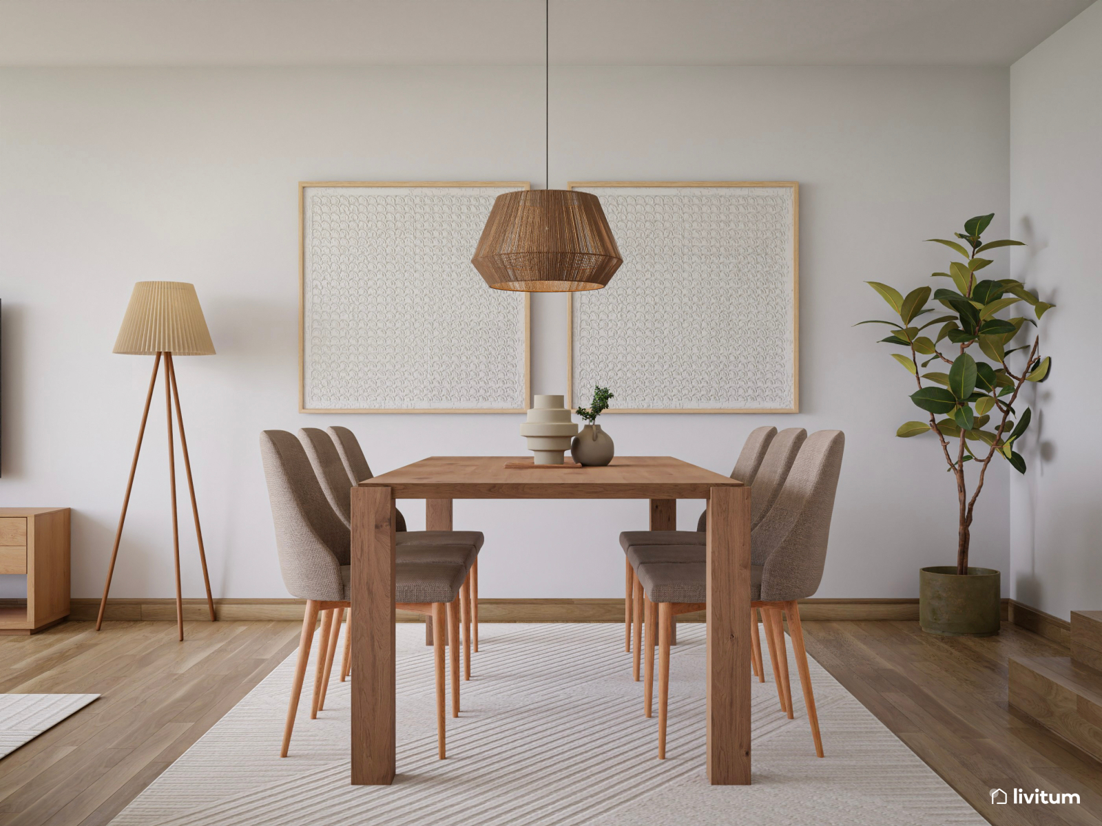 Luminoso y amplio salón comedor con toques de minimalismo cálido