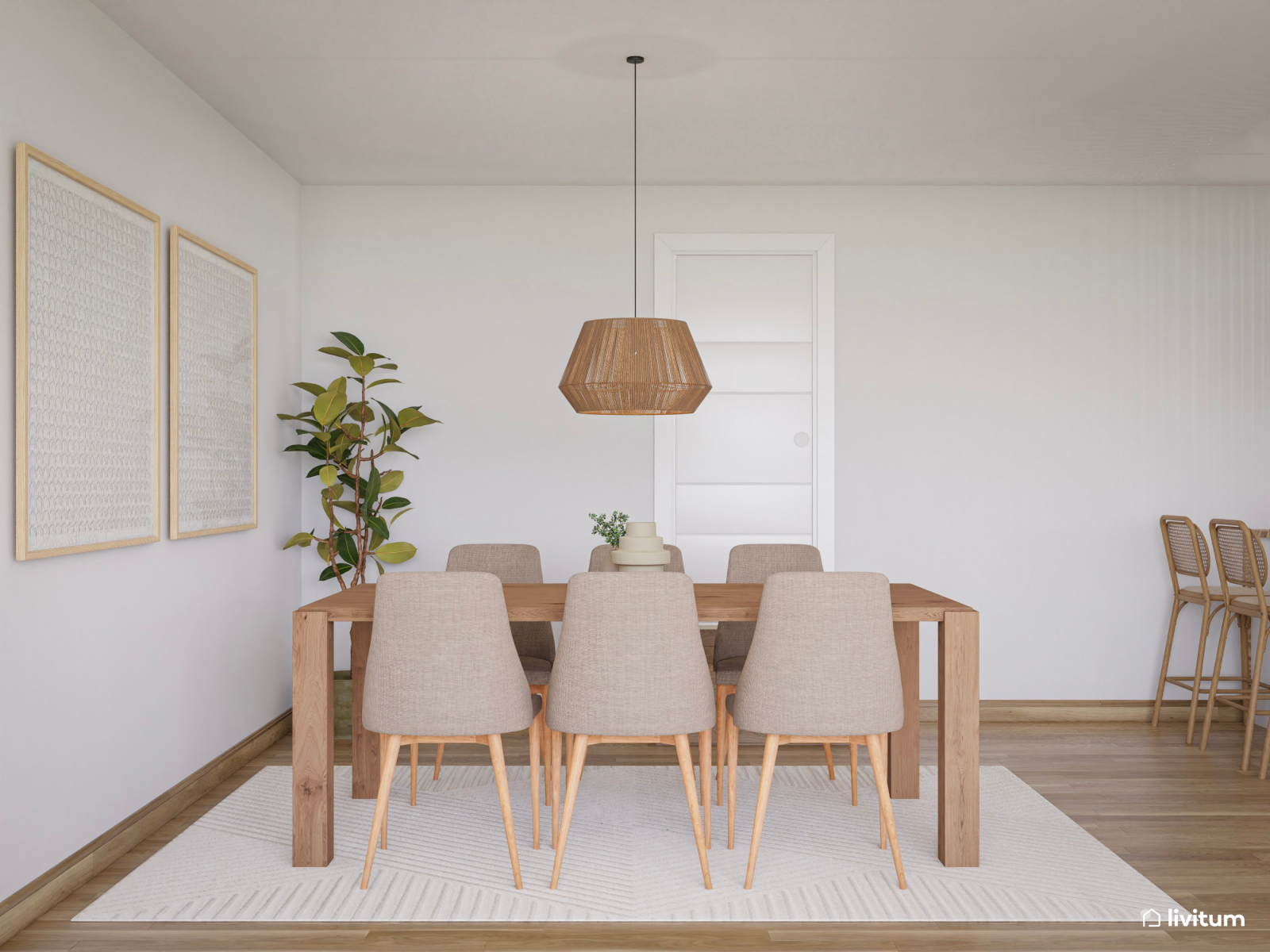 Luminoso y amplio salón comedor con toques de minimalismo cálido