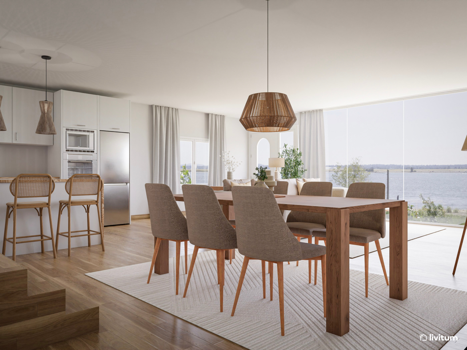 Luminoso y amplio salón comedor con toques de minimalismo cálido