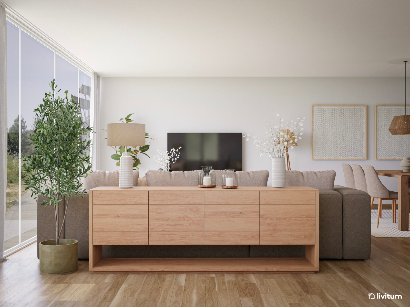 Luminoso y amplio salón comedor con toques de minimalismo cálido