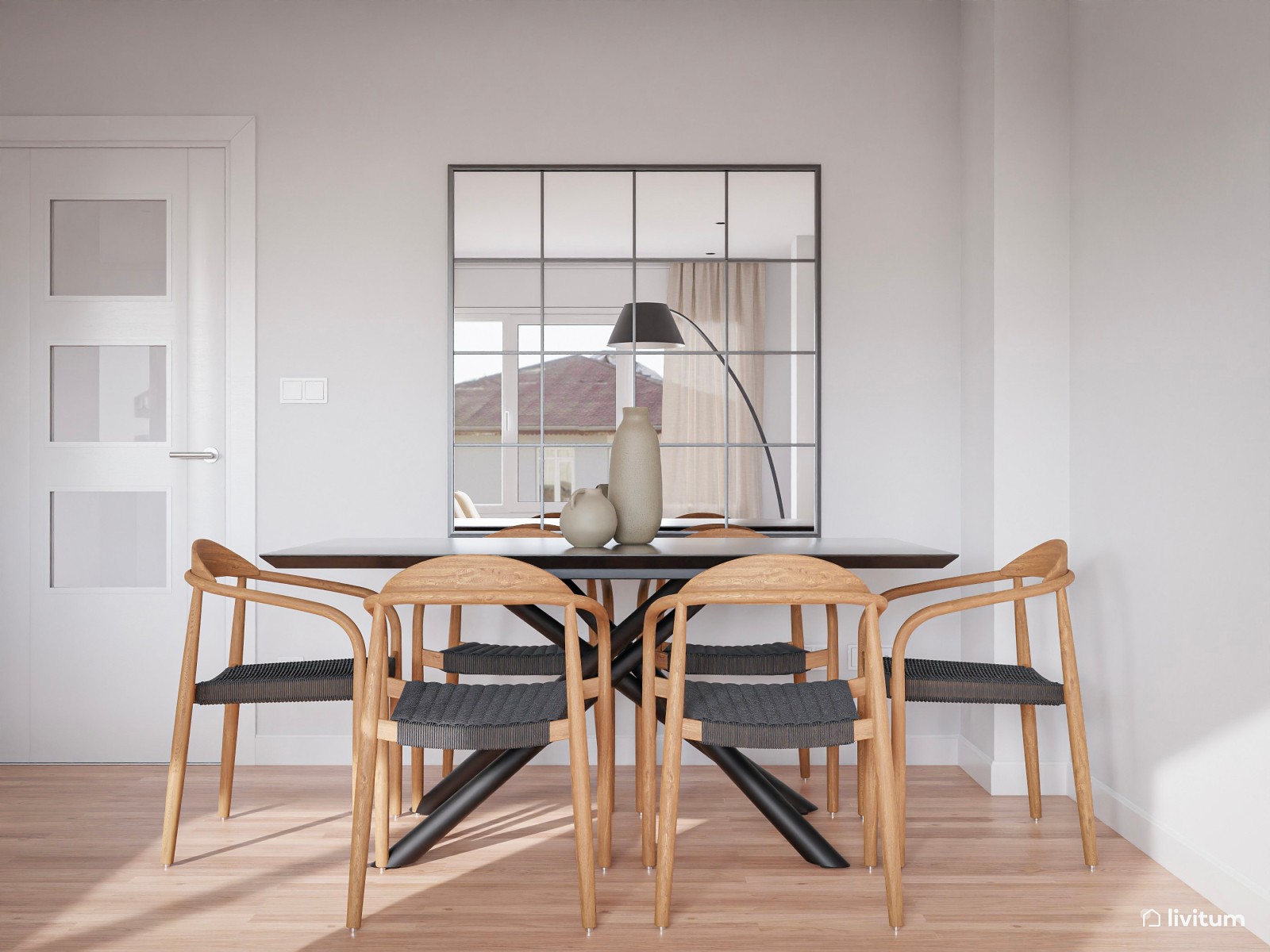 Madera y negro en un sofisticado salón comedor nórdico