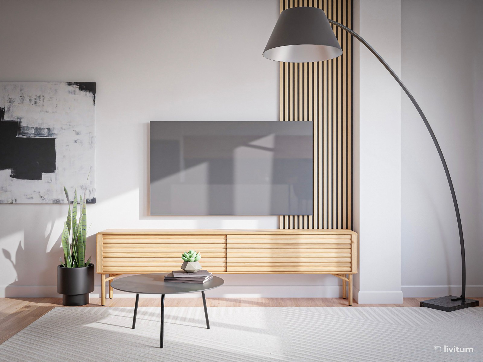 Madera y negro en un sofisticado salón comedor nórdico