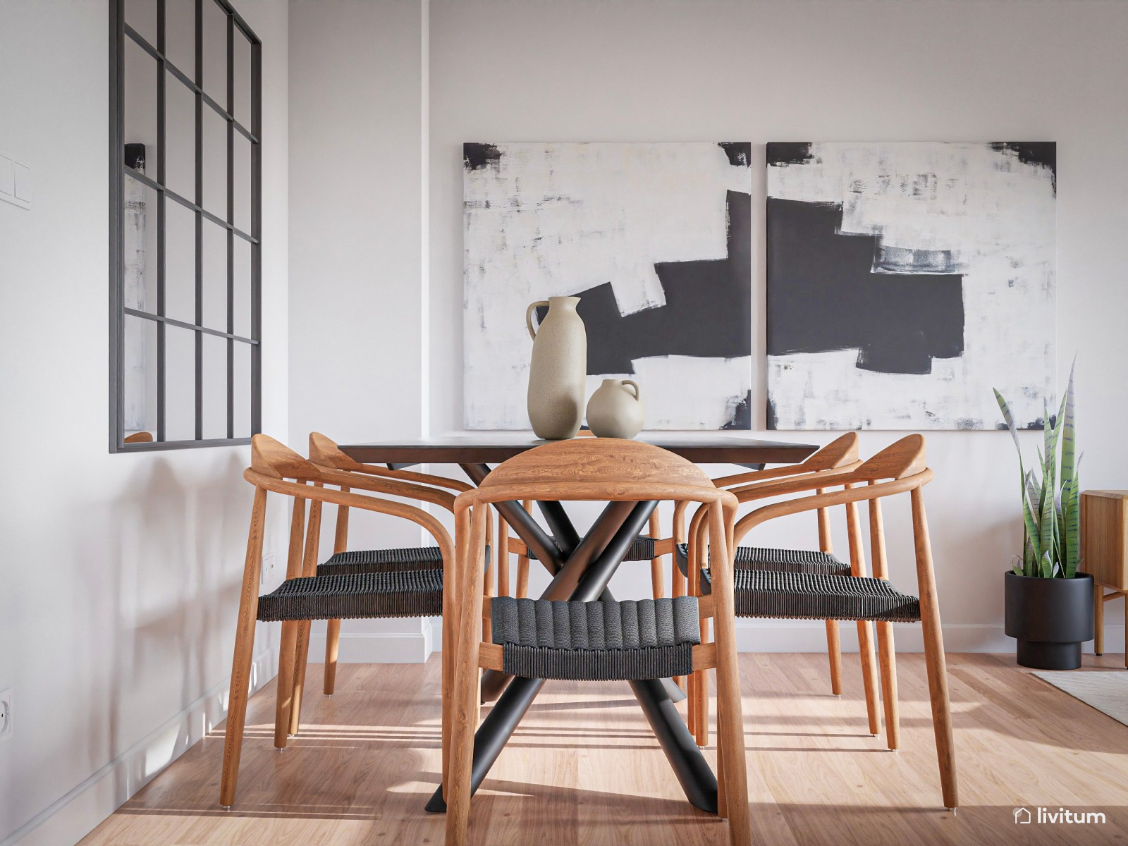 Madera y negro en un sofisticado salón comedor nórdico