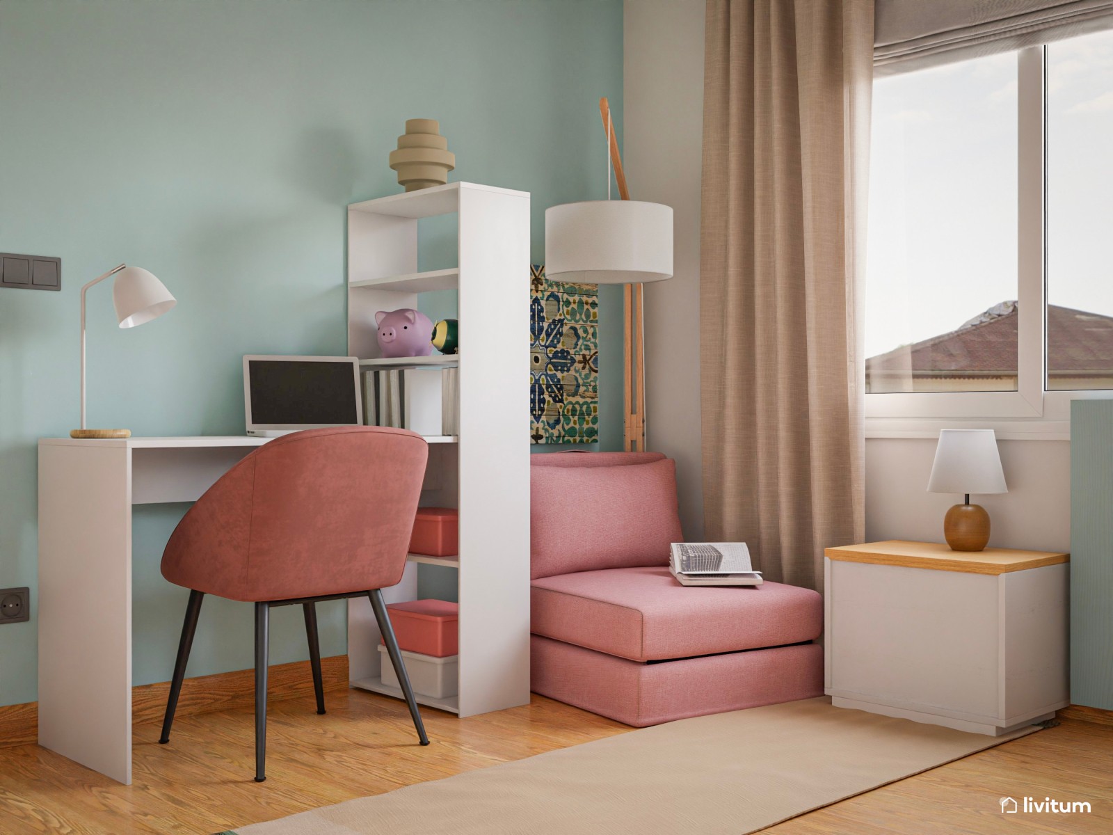 Moderna y vital habitación juvenil en verde, rosa y blanco 