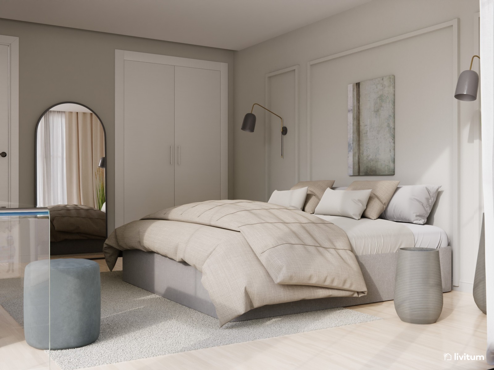 Moderno dormitorio en beige con grandes ventanales 