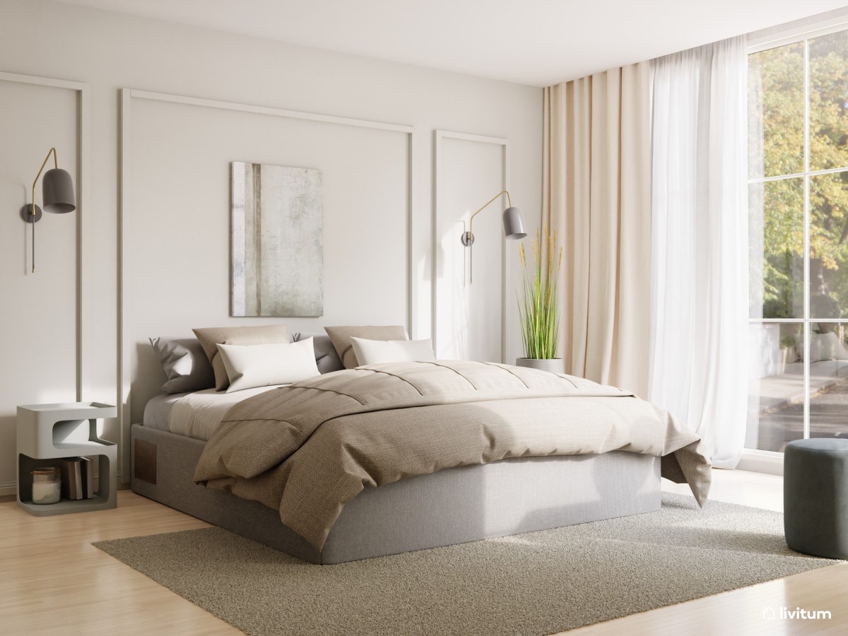 Moderno dormitorio en beige con grandes ventanales