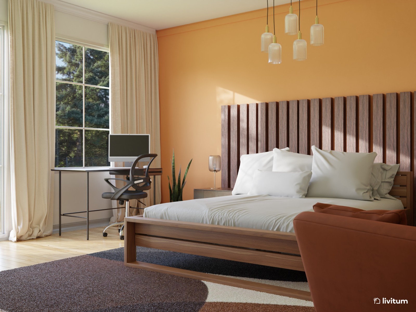 Moderno dormitorio en tonos naranjas 