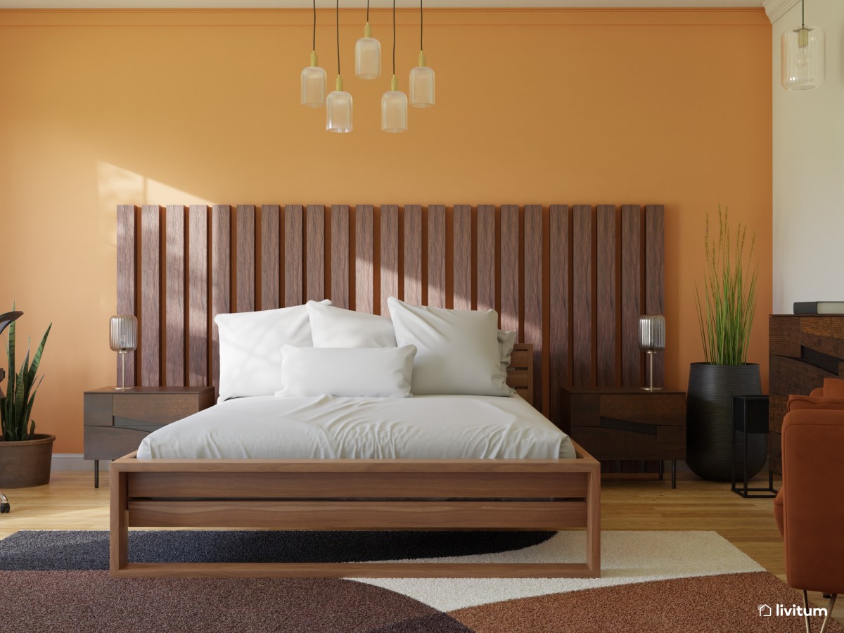 Moderno dormitorio en tonos naranjas