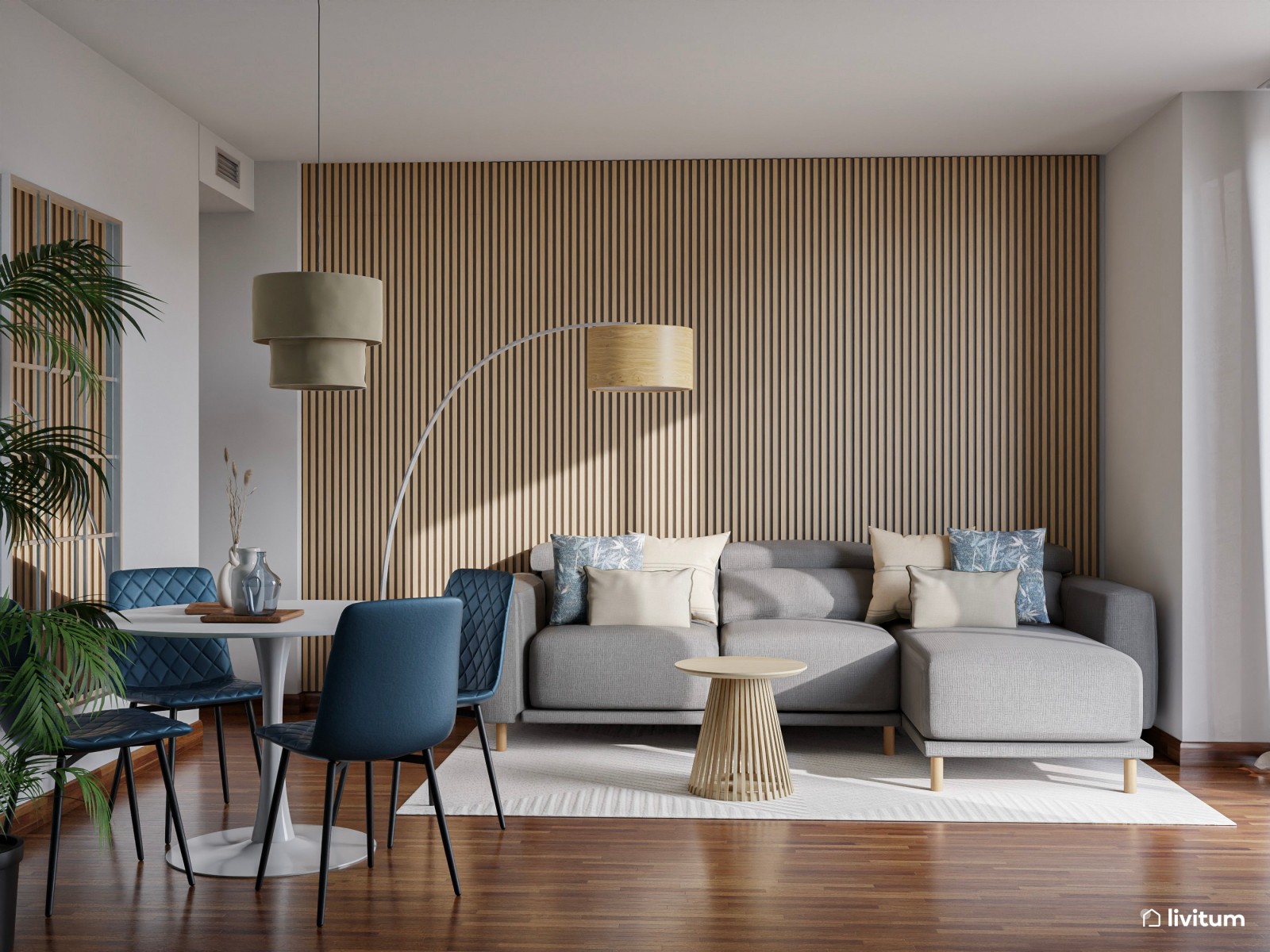 Moderno salón comedor con acentos en azul cobalto