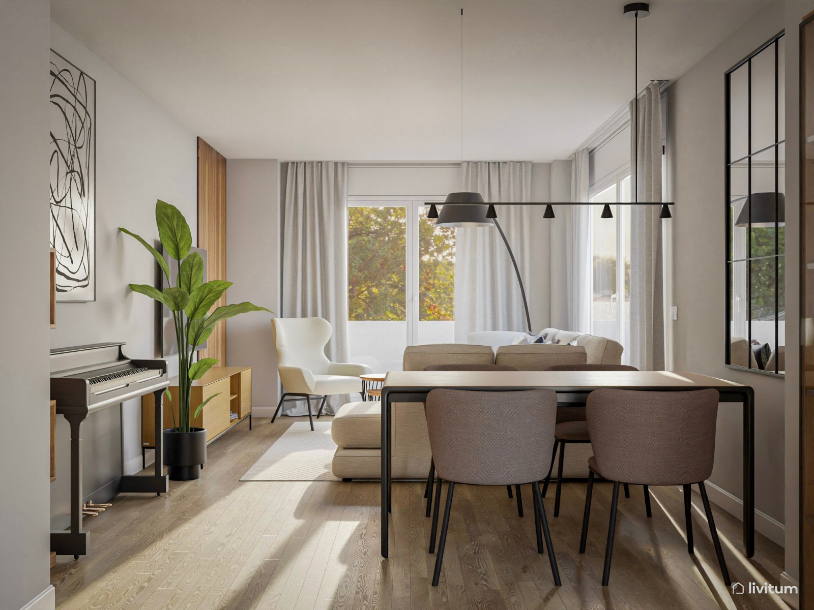 Moderno salón comedor con base neutra y detalles nórdicos 