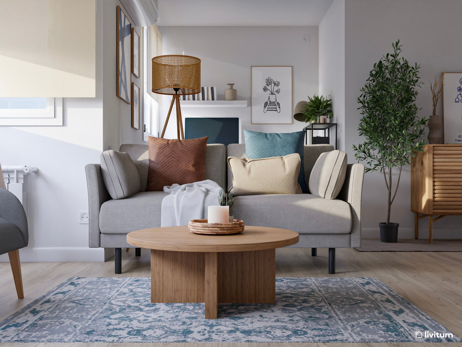 Moderno salón comedor con biblioteca y zona de escritorio