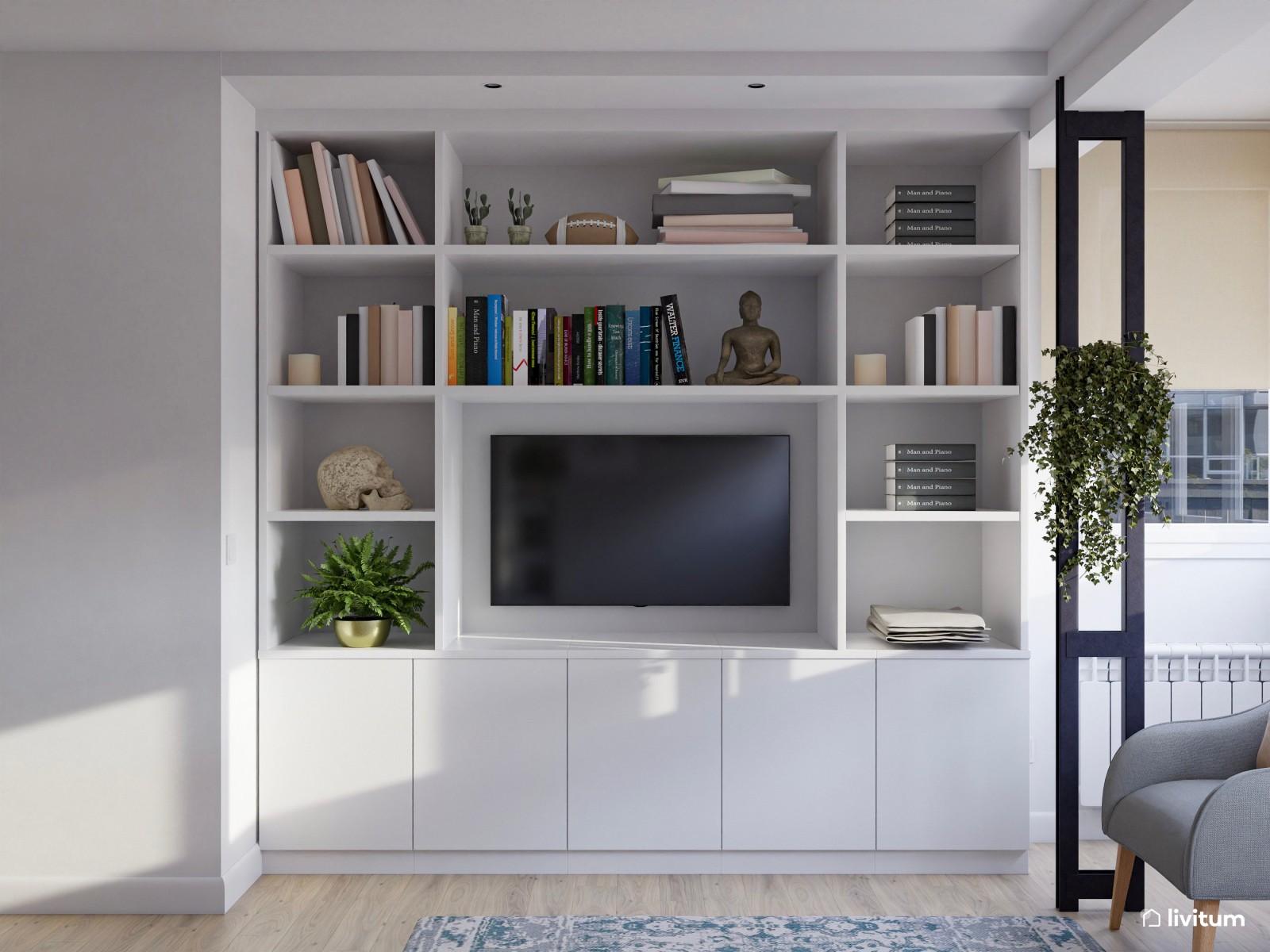 Moderno salón comedor con biblioteca y zona de escritorio