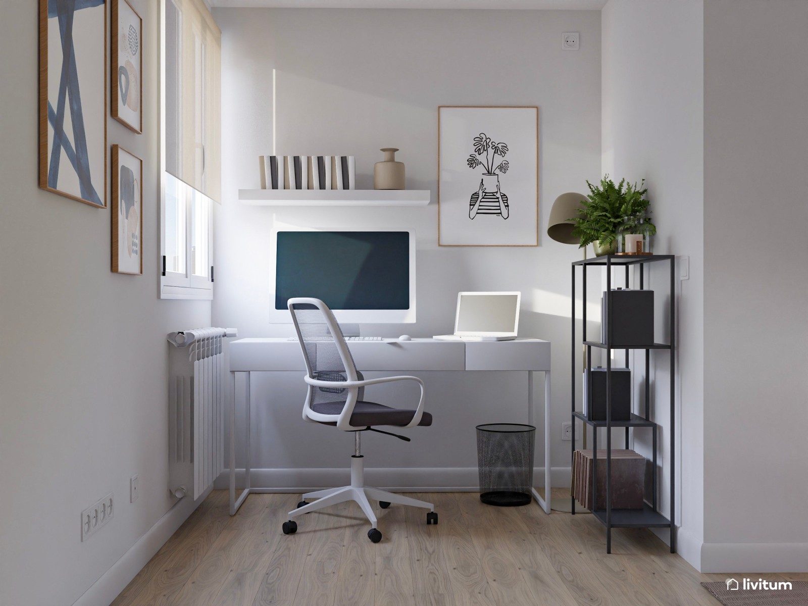 Moderno salón comedor con biblioteca y zona de escritorio