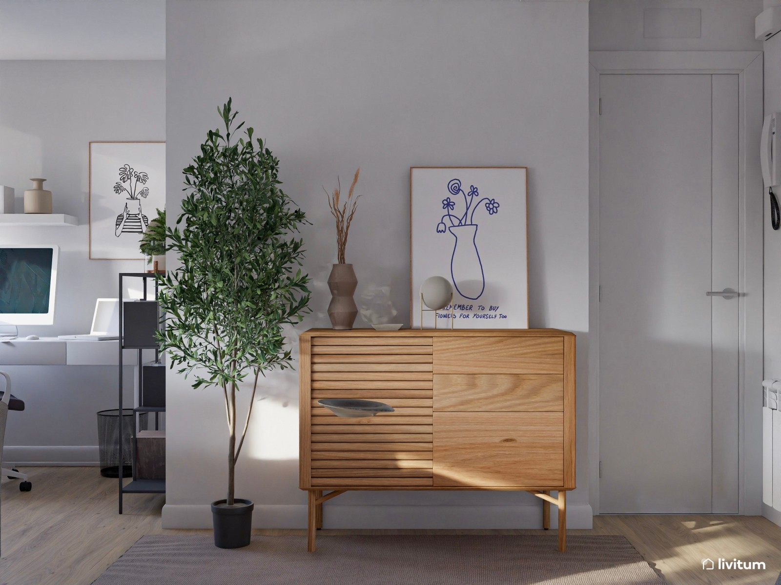 Moderno salón comedor con biblioteca y zona de escritorio