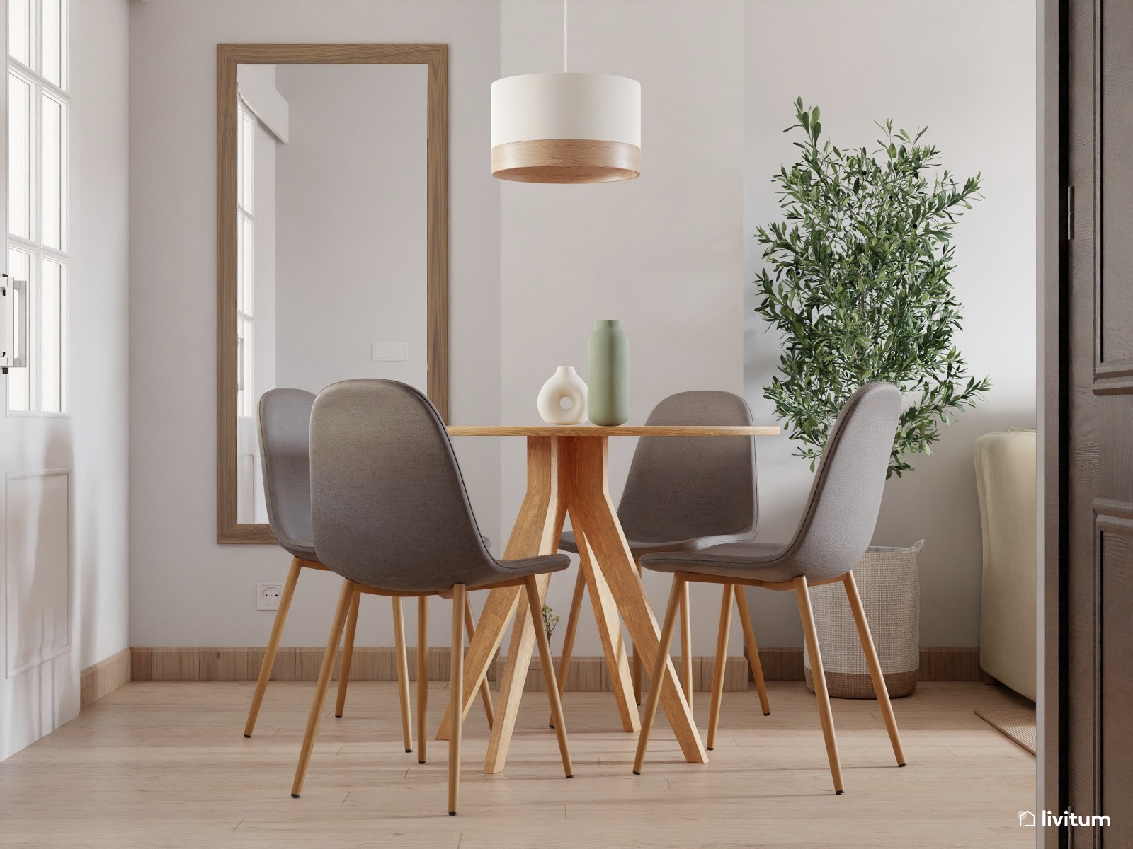 Moderno salón comedor con listones de madera 