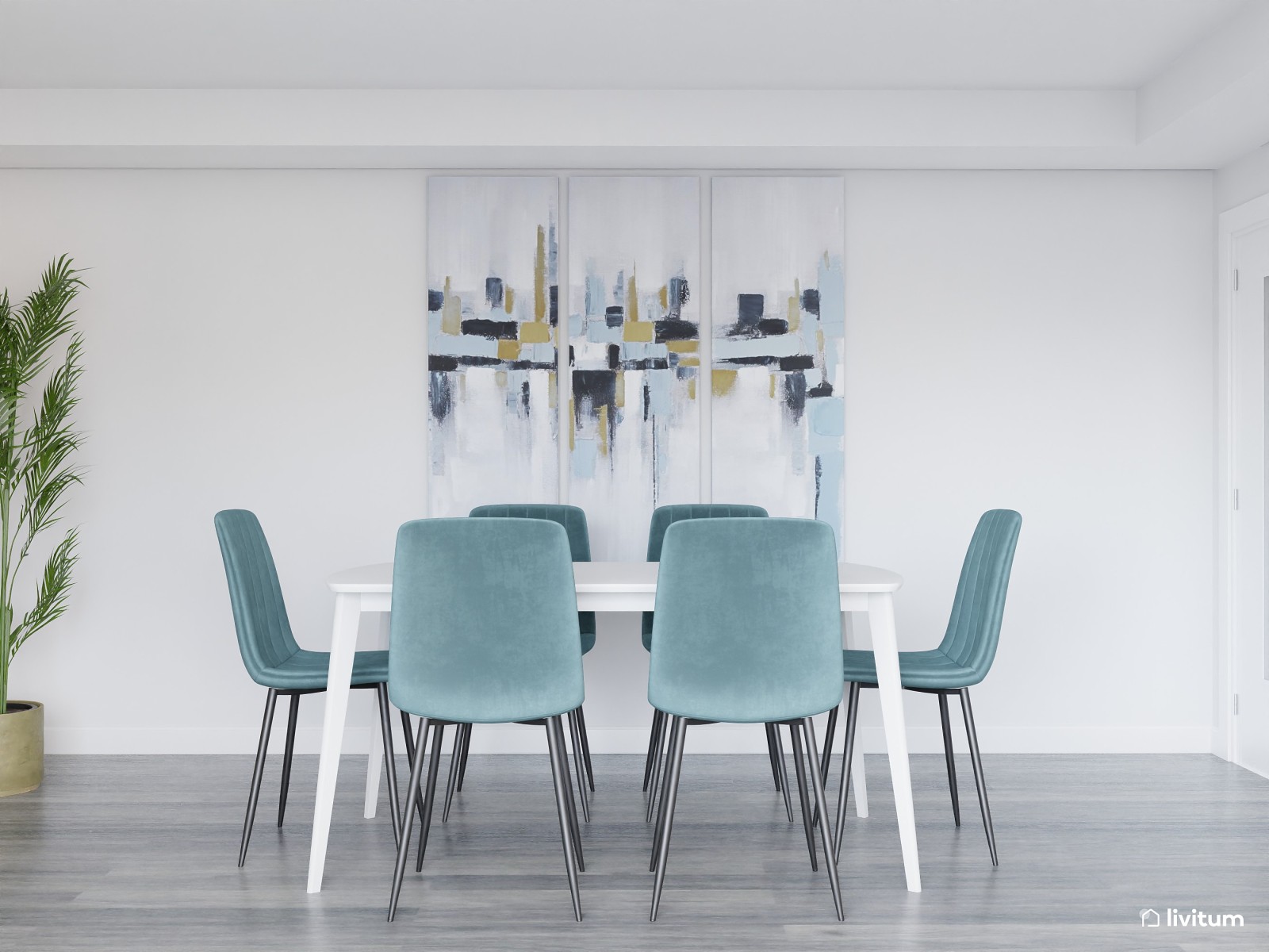 Moderno salón comedor en azul y tonos neutros