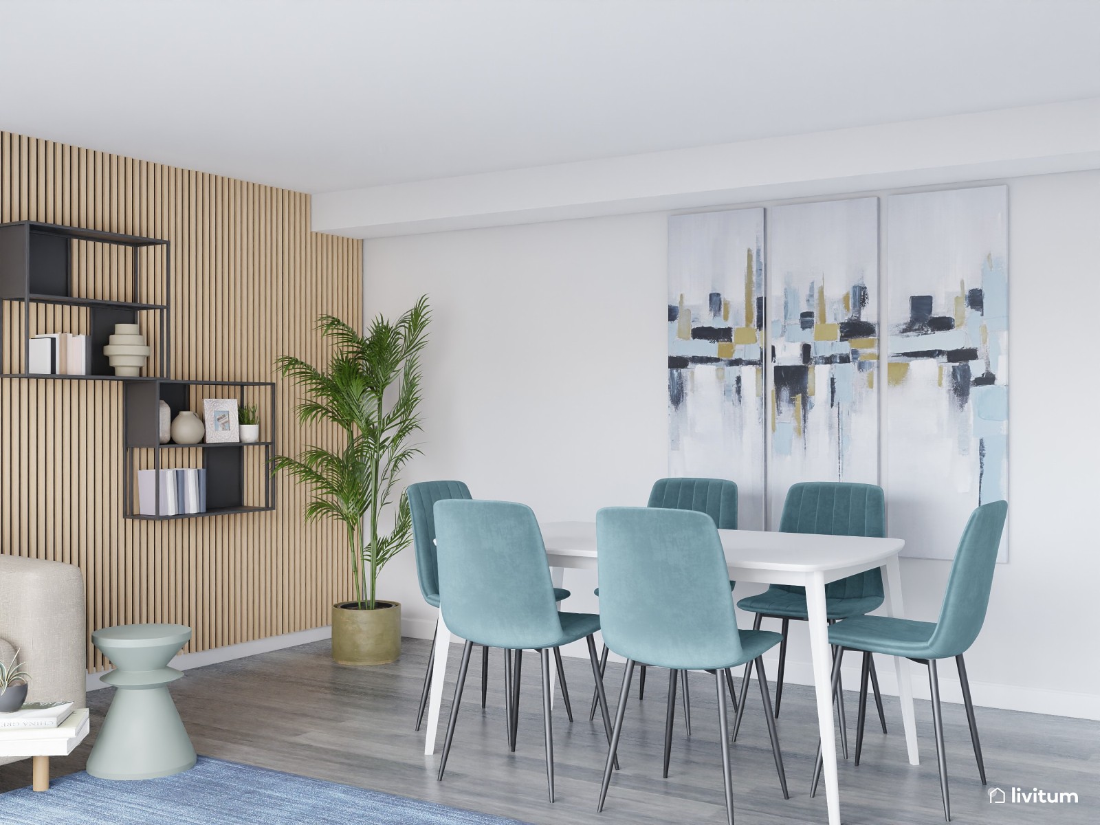 Moderno salón comedor en azul y tonos neutros