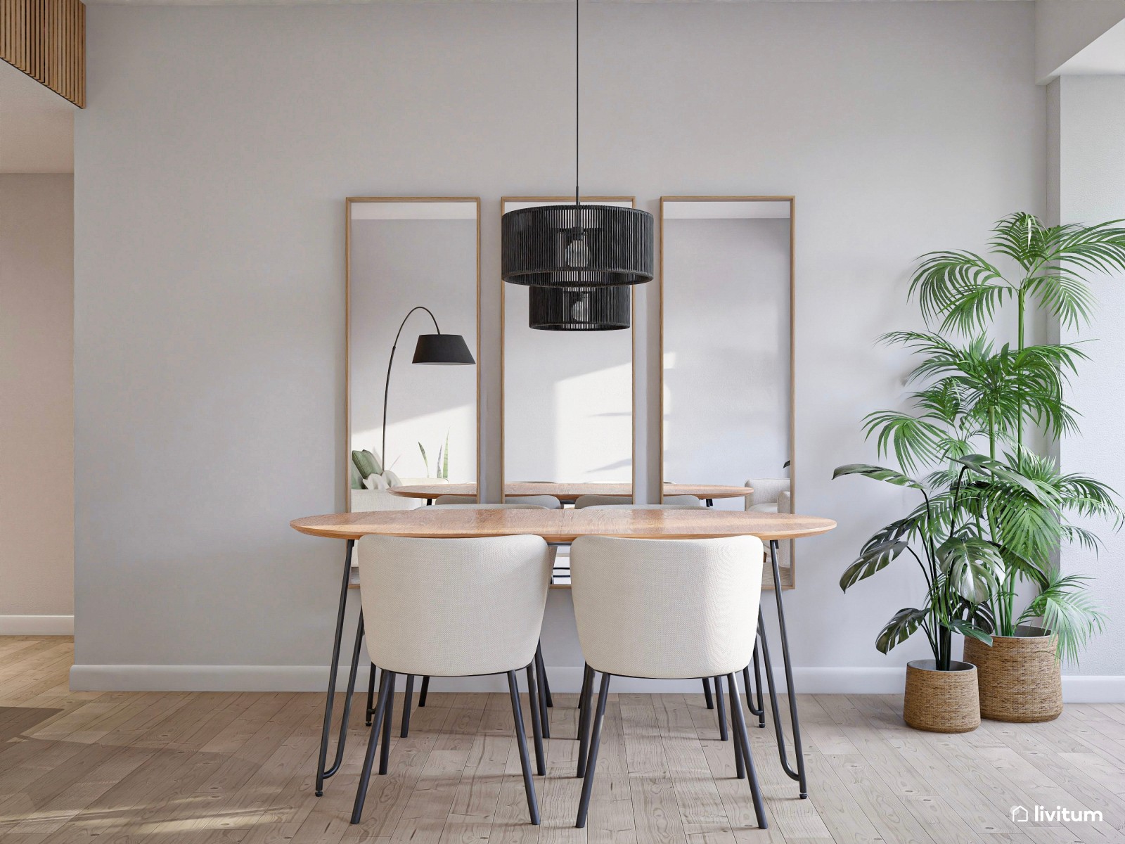 Moderno salón comedor en tonos neutros con acentos en verde