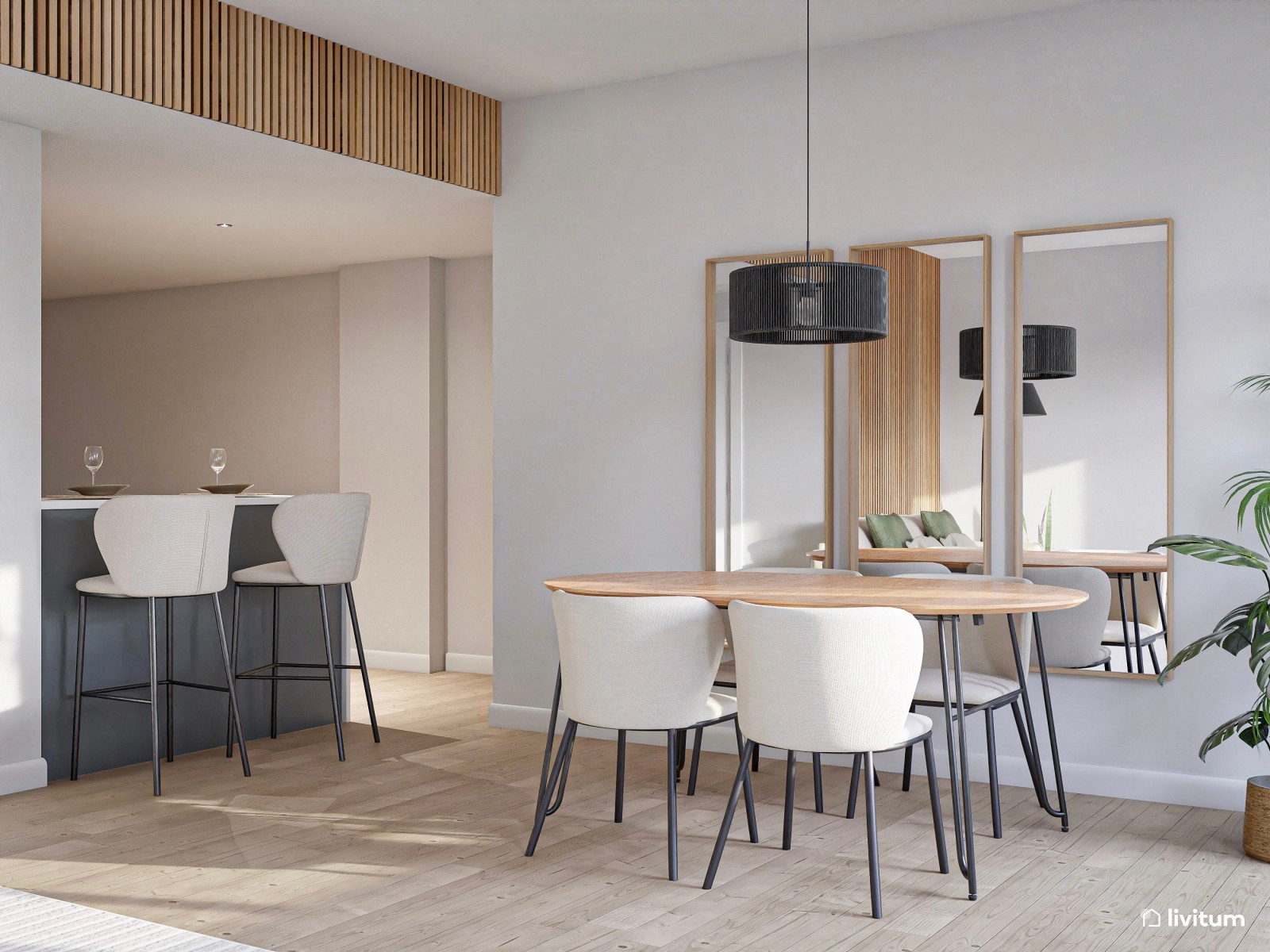 Moderno salón comedor en tonos neutros con acentos en verde