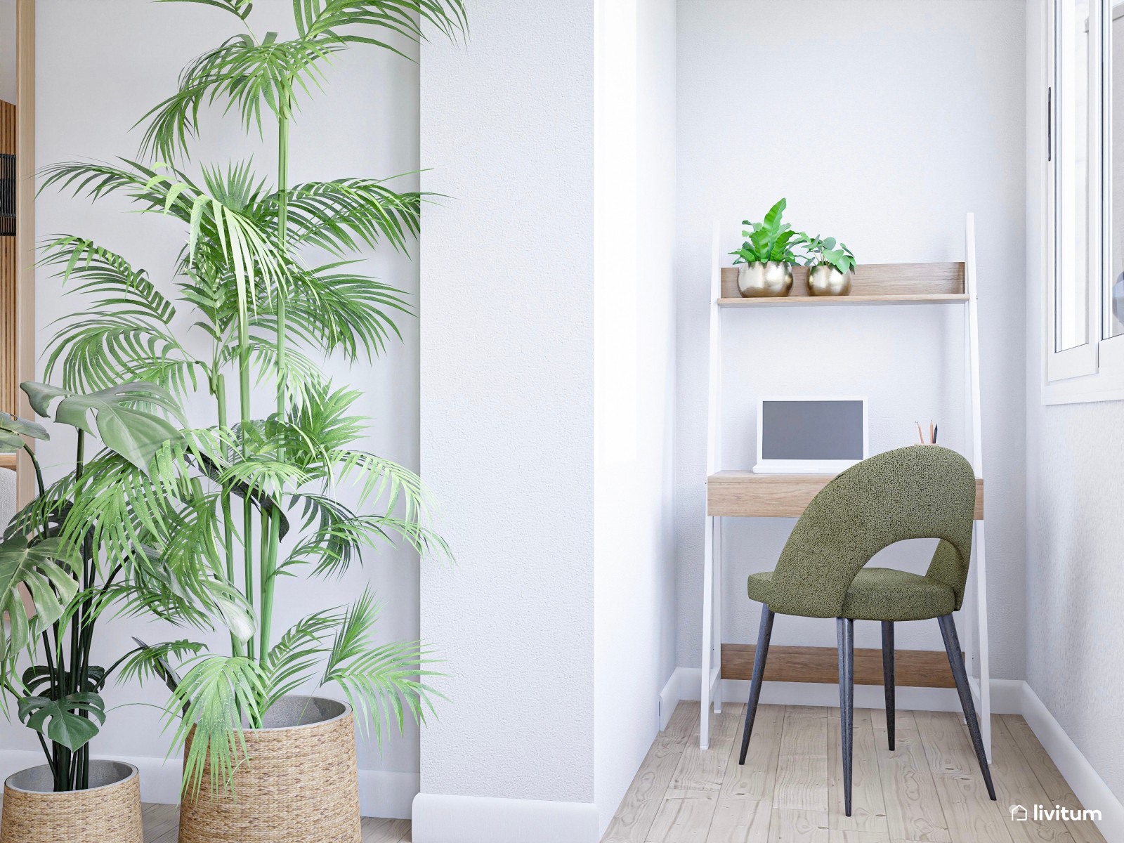 Moderno salón comedor en tonos neutros con acentos en verde