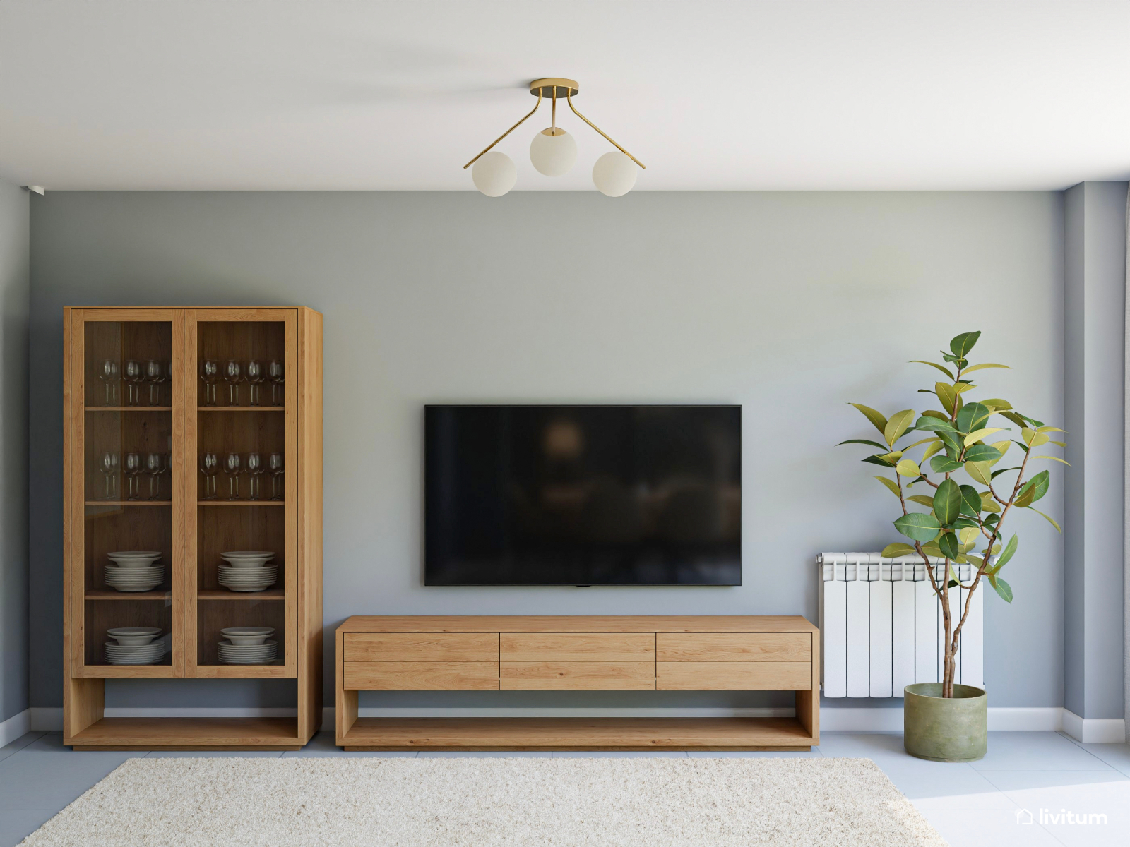 Moderno salón comedor en tonos neutros y celeste grisáceo