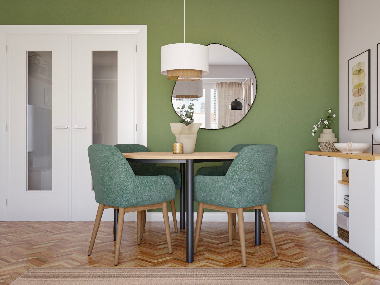 Nórdico salón comedor en verde y beige 