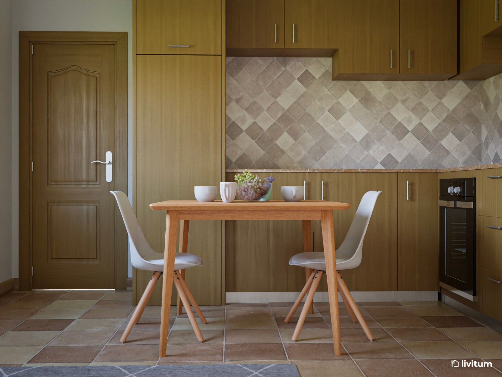 Pequeño salón comedor con cocina y espacio de trabajo 