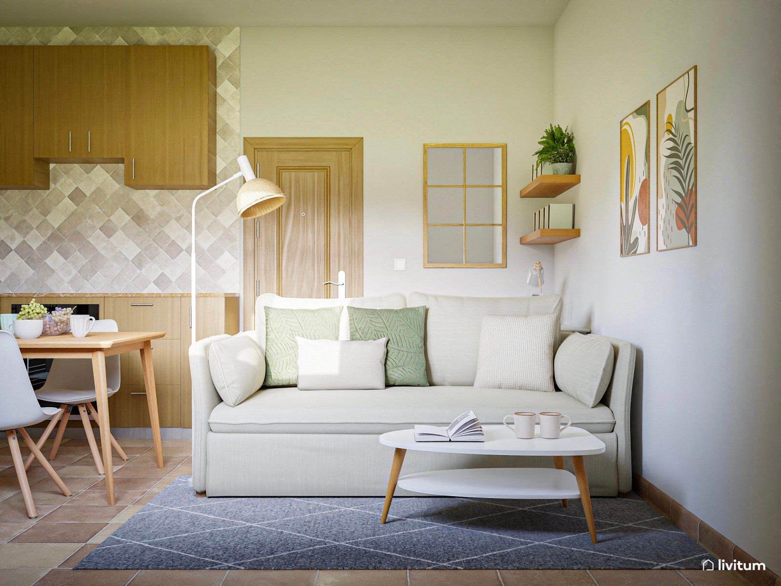 Pequeño salón comedor con cocina y espacio de trabajo 