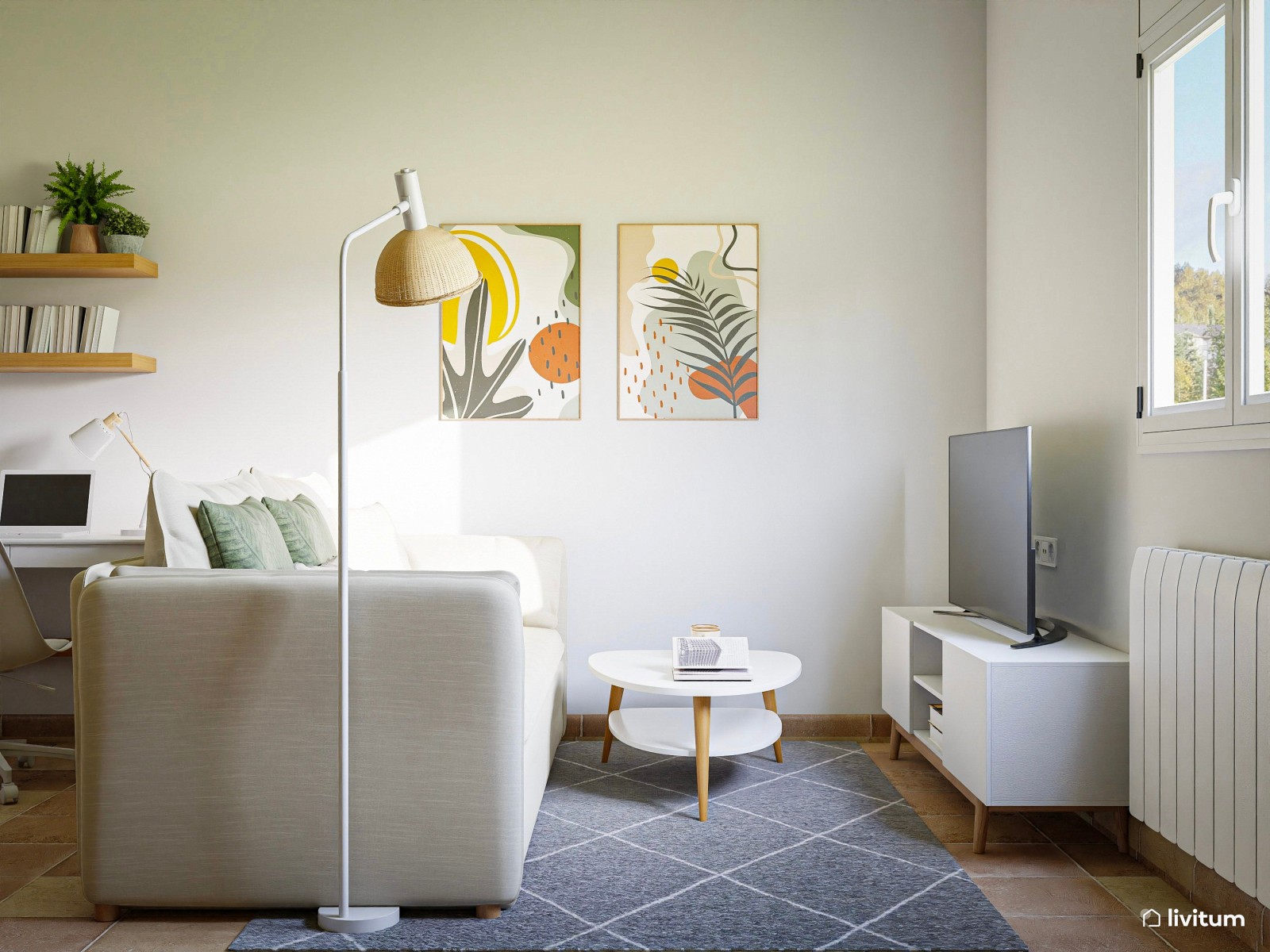 Pequeño salón comedor con cocina y espacio de trabajo 