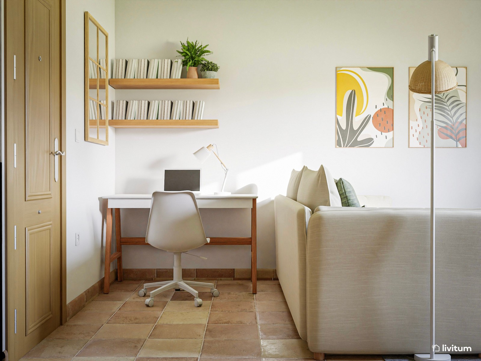 Pequeño salón comedor con cocina y espacio de trabajo 