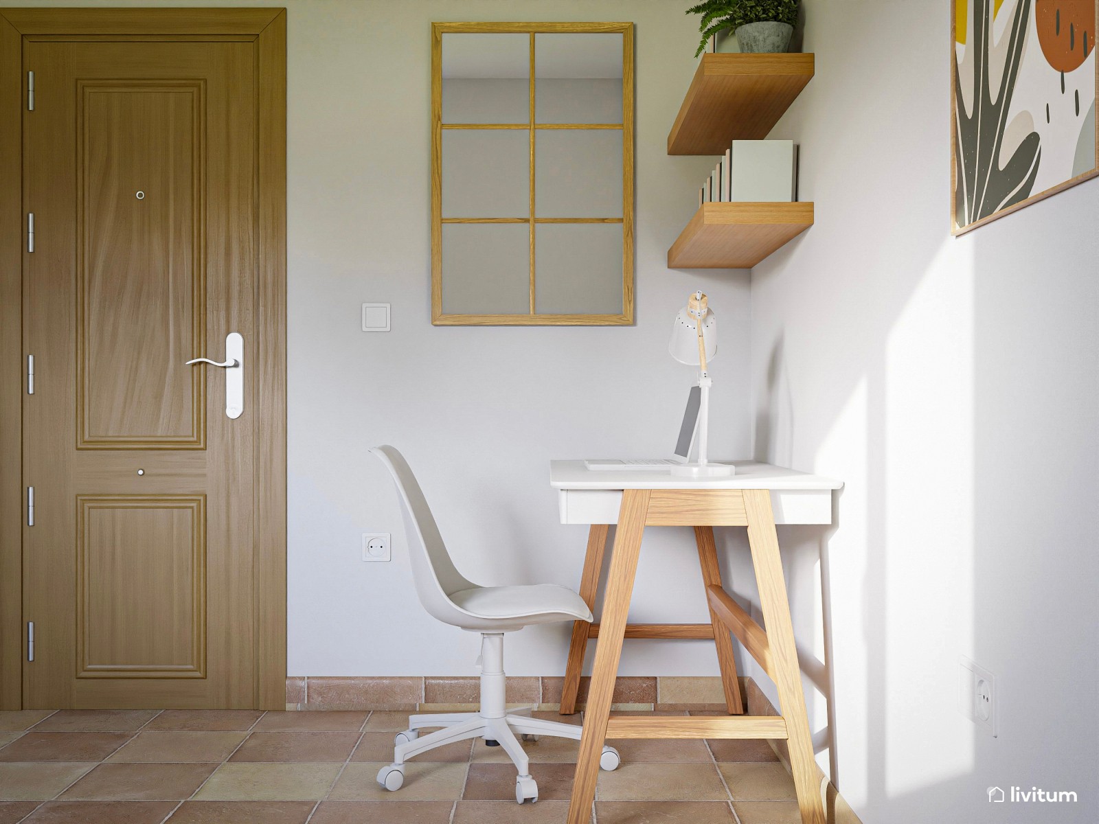 Pequeño salón comedor con cocina y espacio de trabajo 