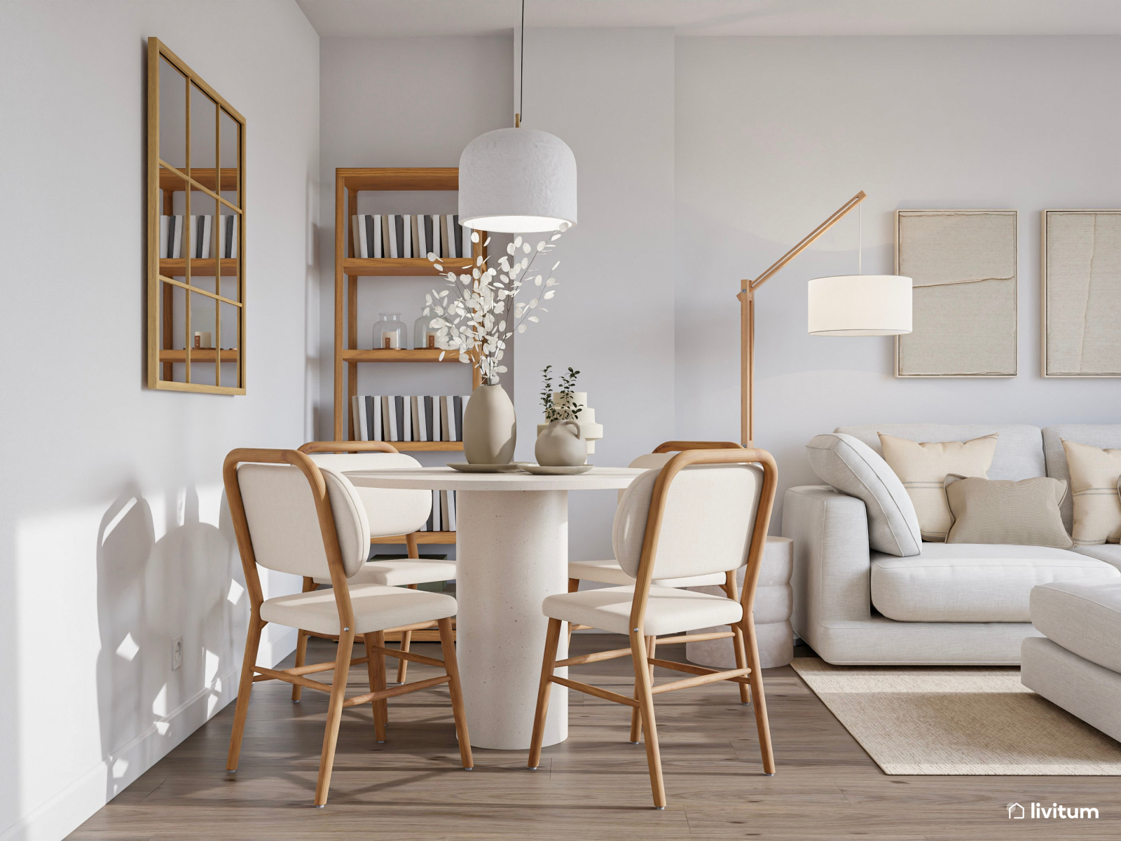 Pequeño salón comedor en blanco, madera y líneas curvas