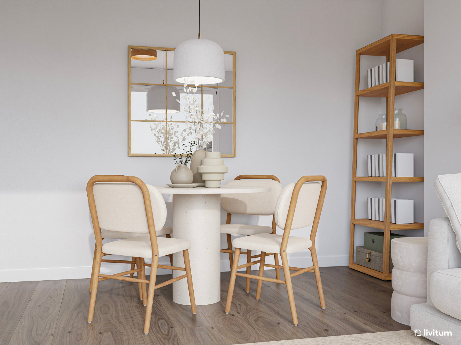 Pequeño salón comedor en blanco, madera y líneas curvas