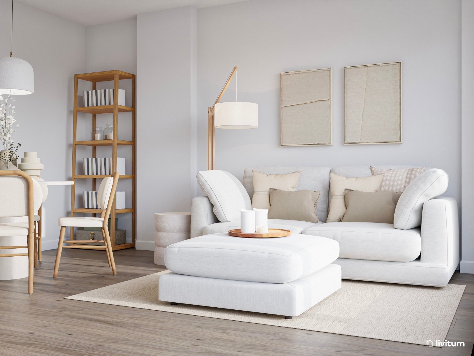 Pequeño salón comedor en blanco, madera y líneas curvas