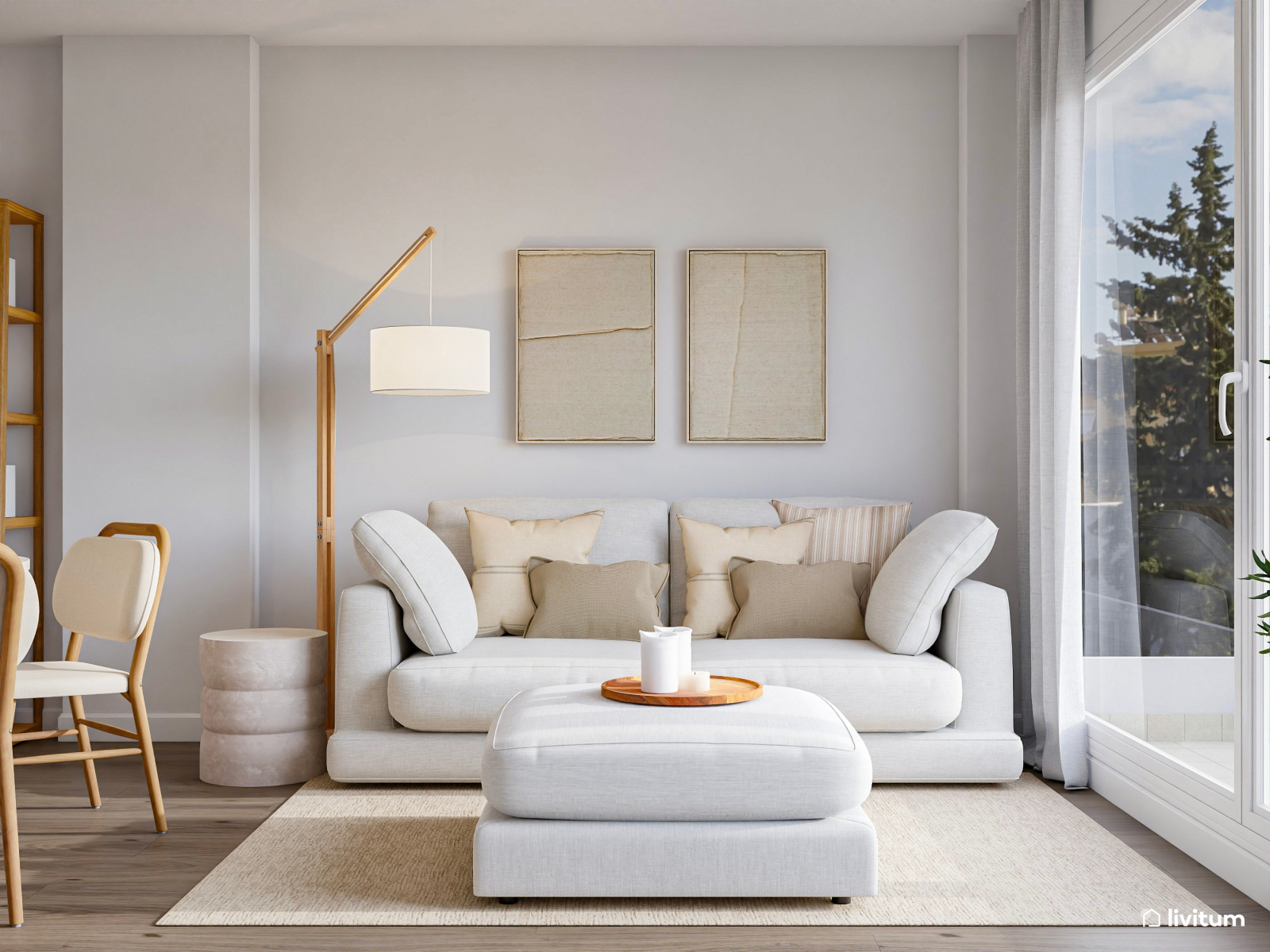 Pequeño salón comedor en blanco, madera y líneas curvas