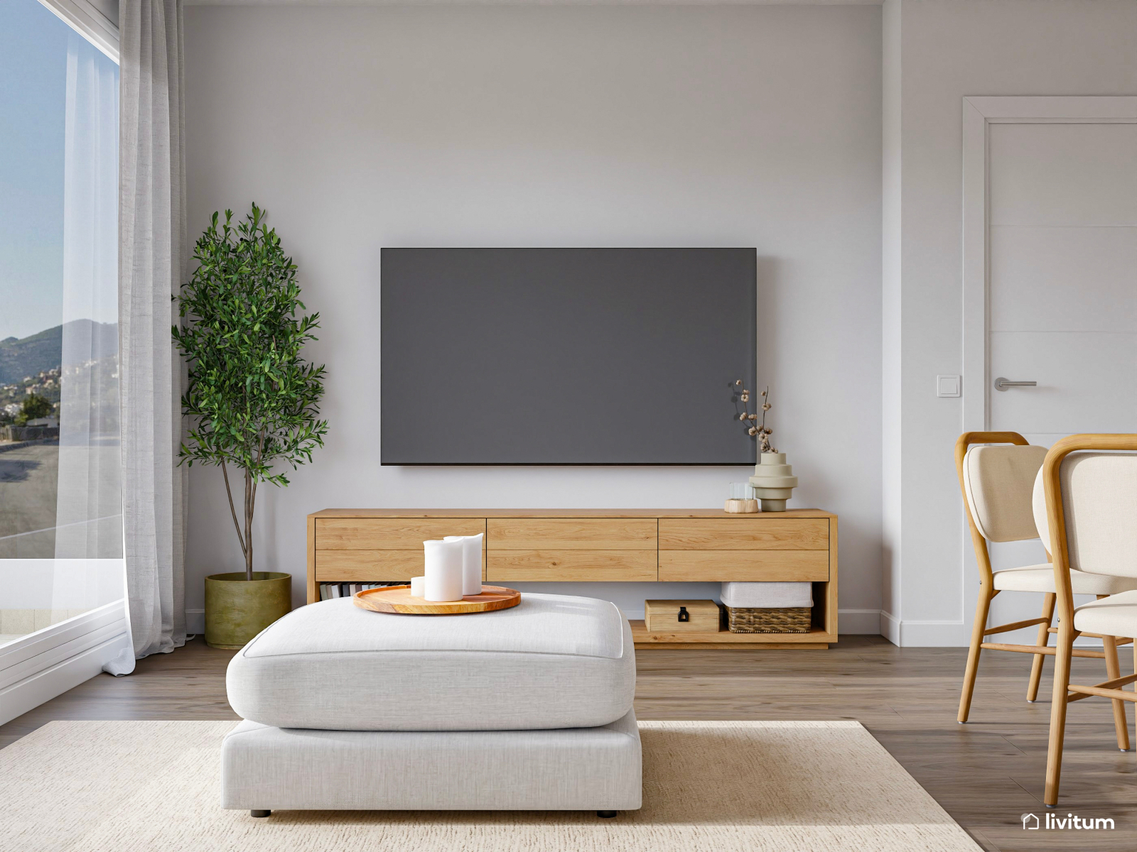 Pequeño salón comedor en blanco, madera y líneas curvas