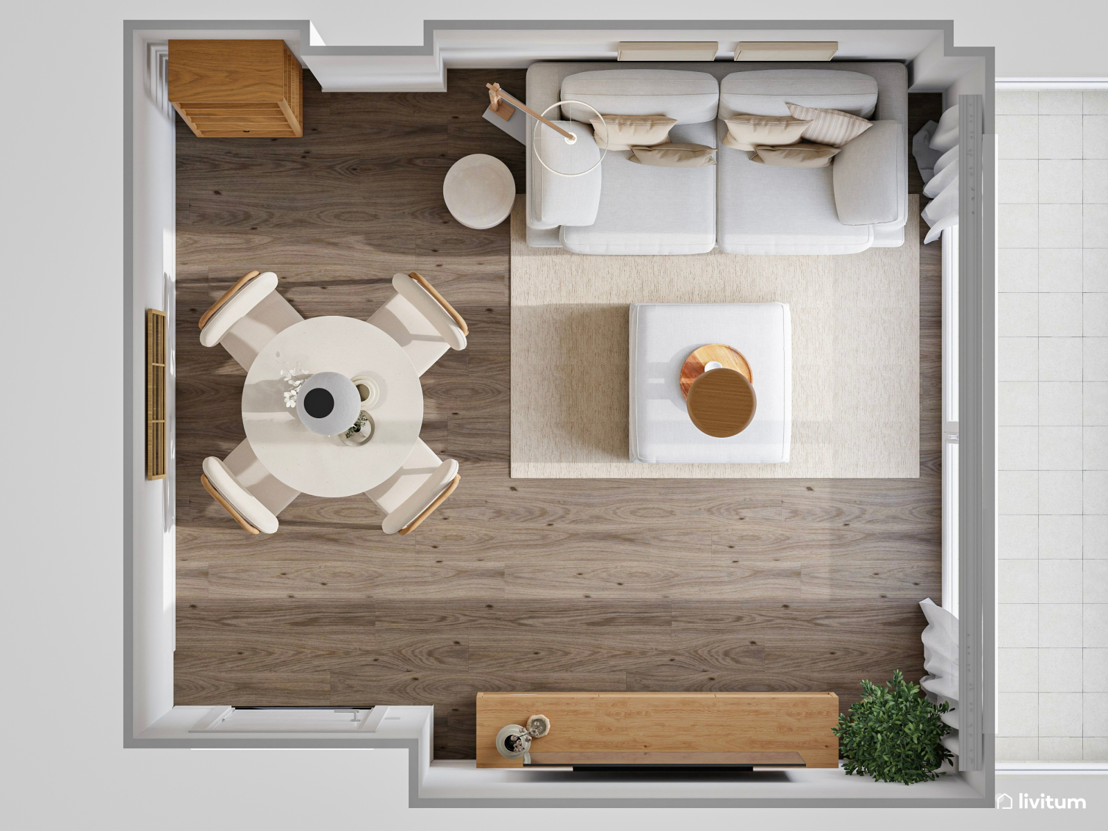 Pequeño salón comedor en blanco, madera y líneas curvas