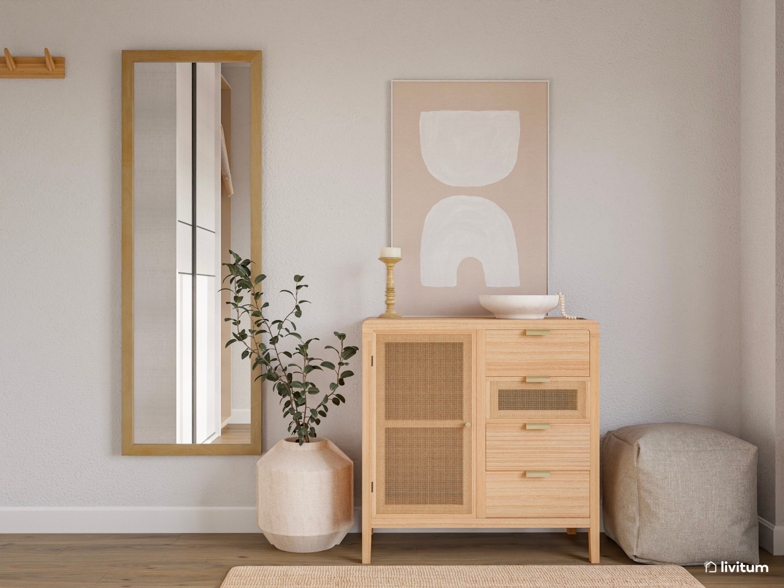 Romántico dormitorio en madera, tonos claros y textiles suaves 