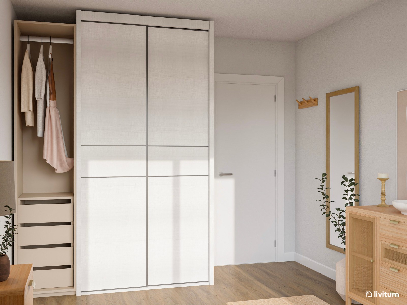 Romántico dormitorio en madera, tonos claros y textiles suaves 