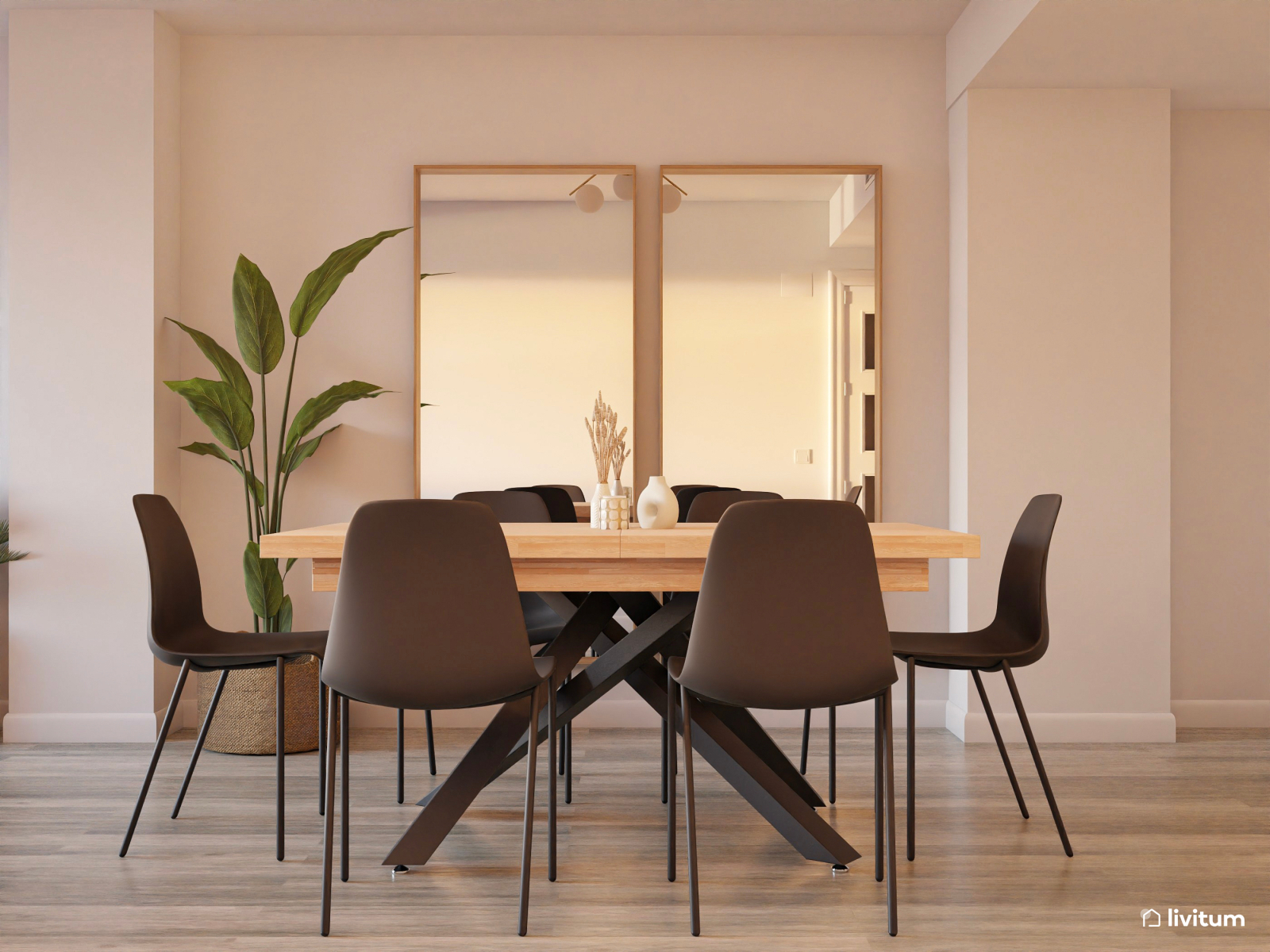 Salón alargado moderno en gris y madera 