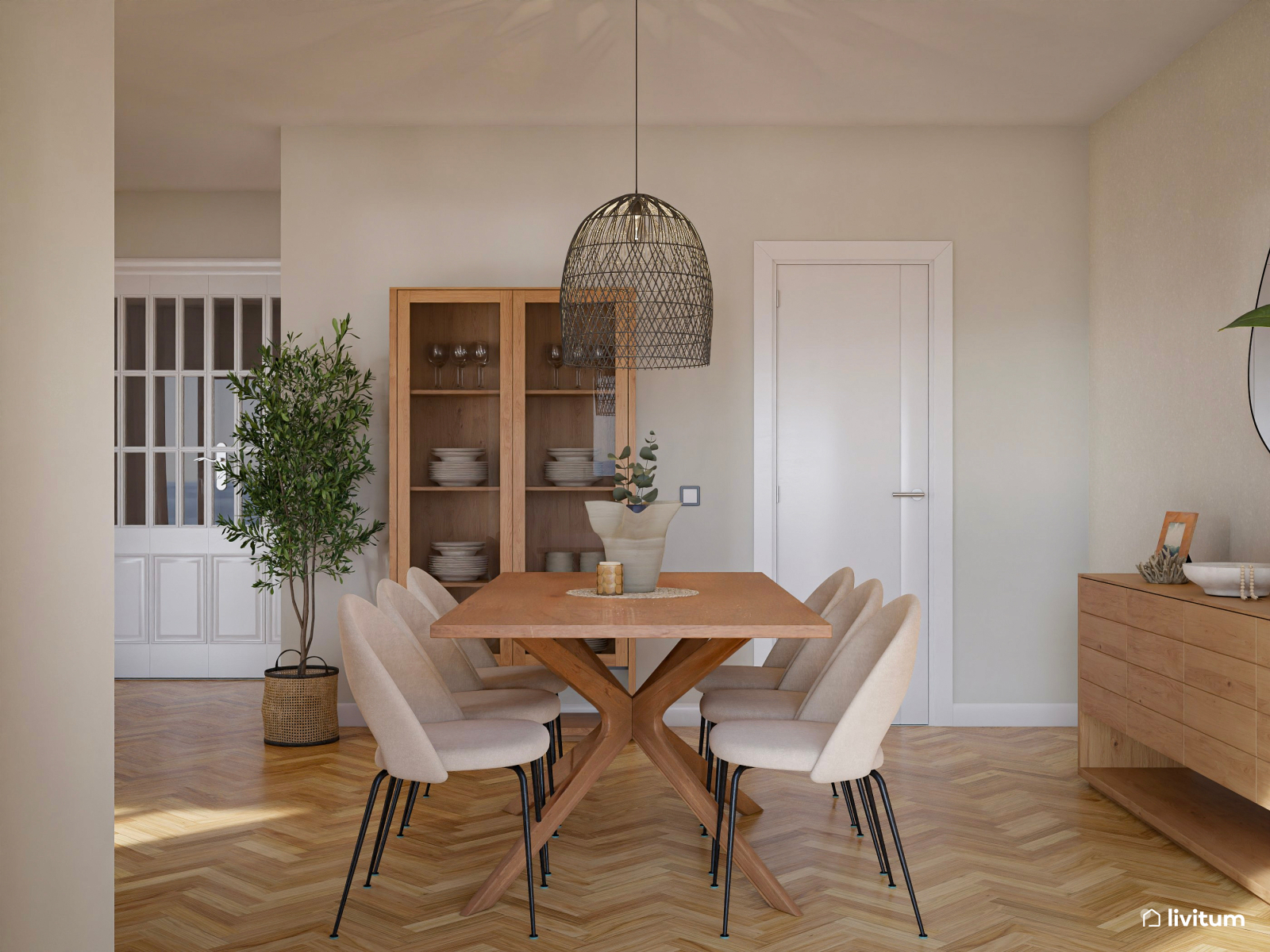 Salón cálido y amplio con suelo espigado de madera