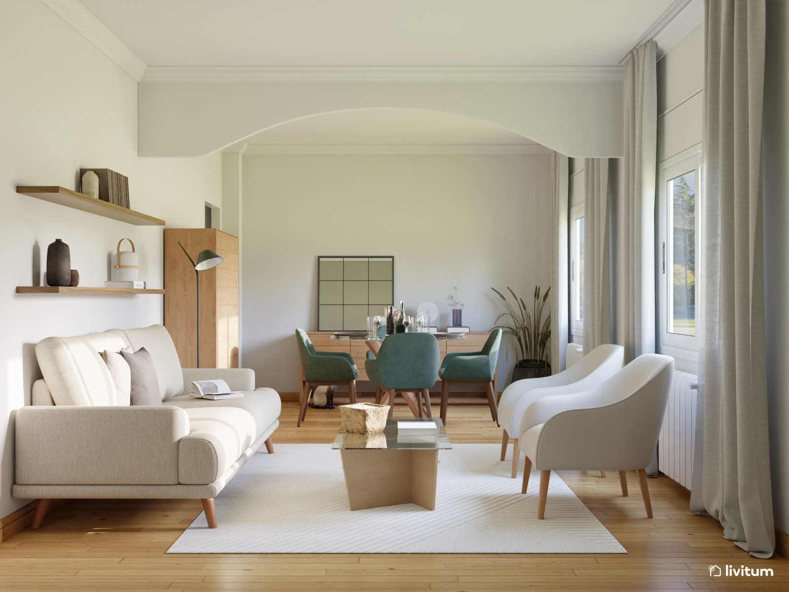 Salón comedor acogedor en madera, beige y verde 