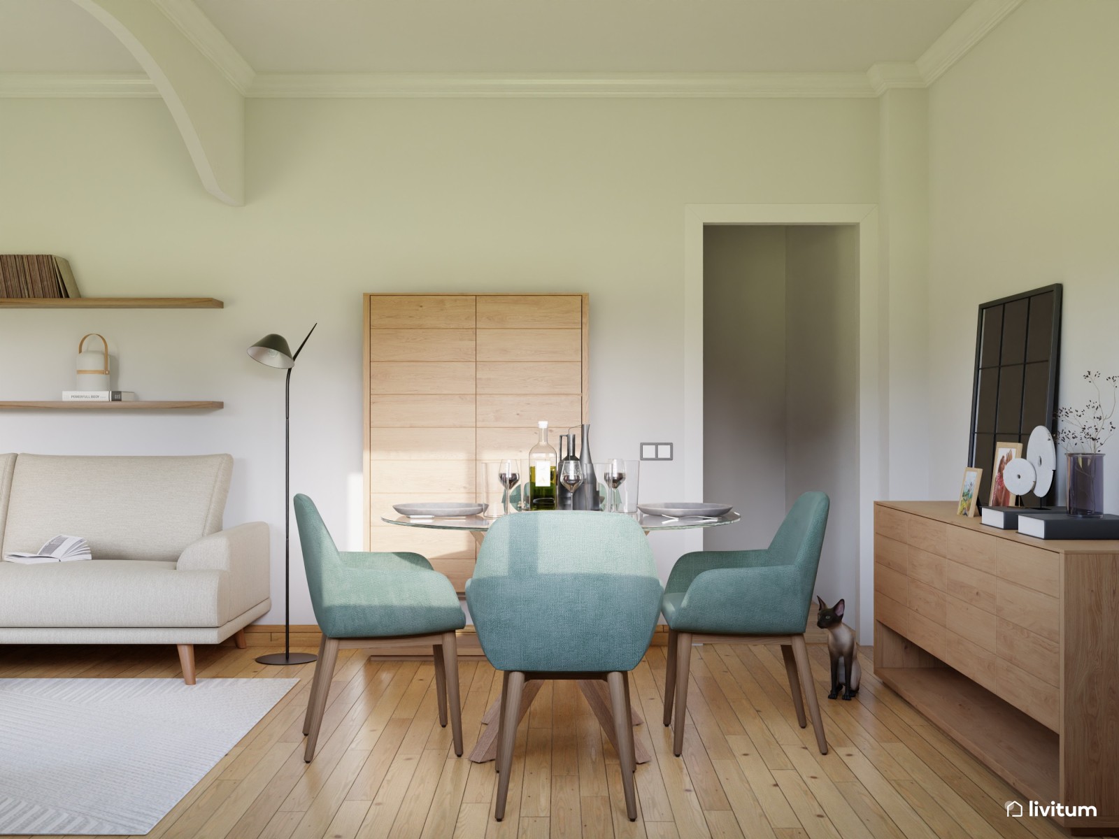 Salón comedor acogedor en madera, beige y verde 