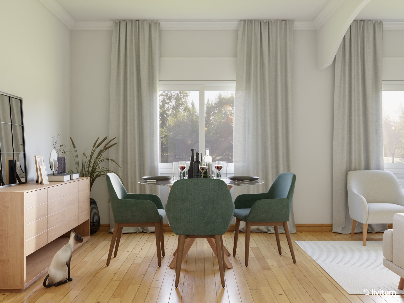 Salón comedor acogedor en madera, beige y verde 