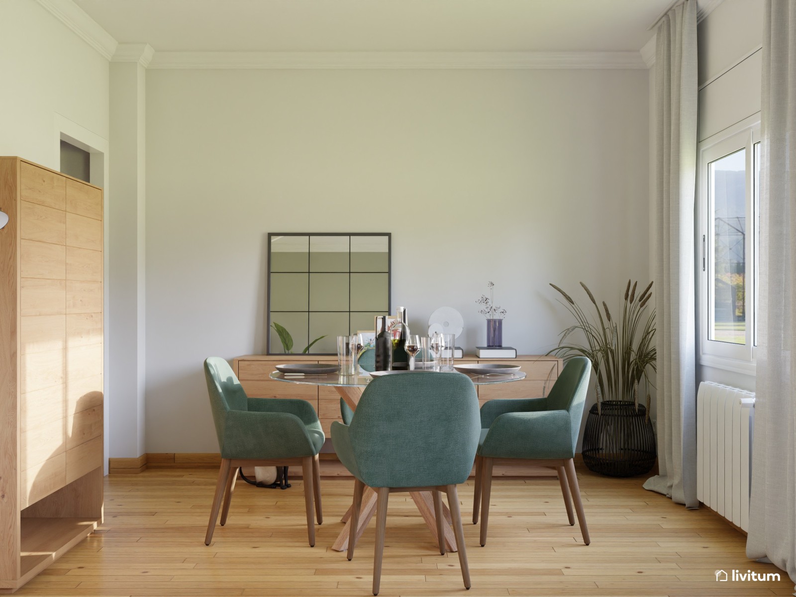 Salón comedor acogedor en madera, beige y verde 