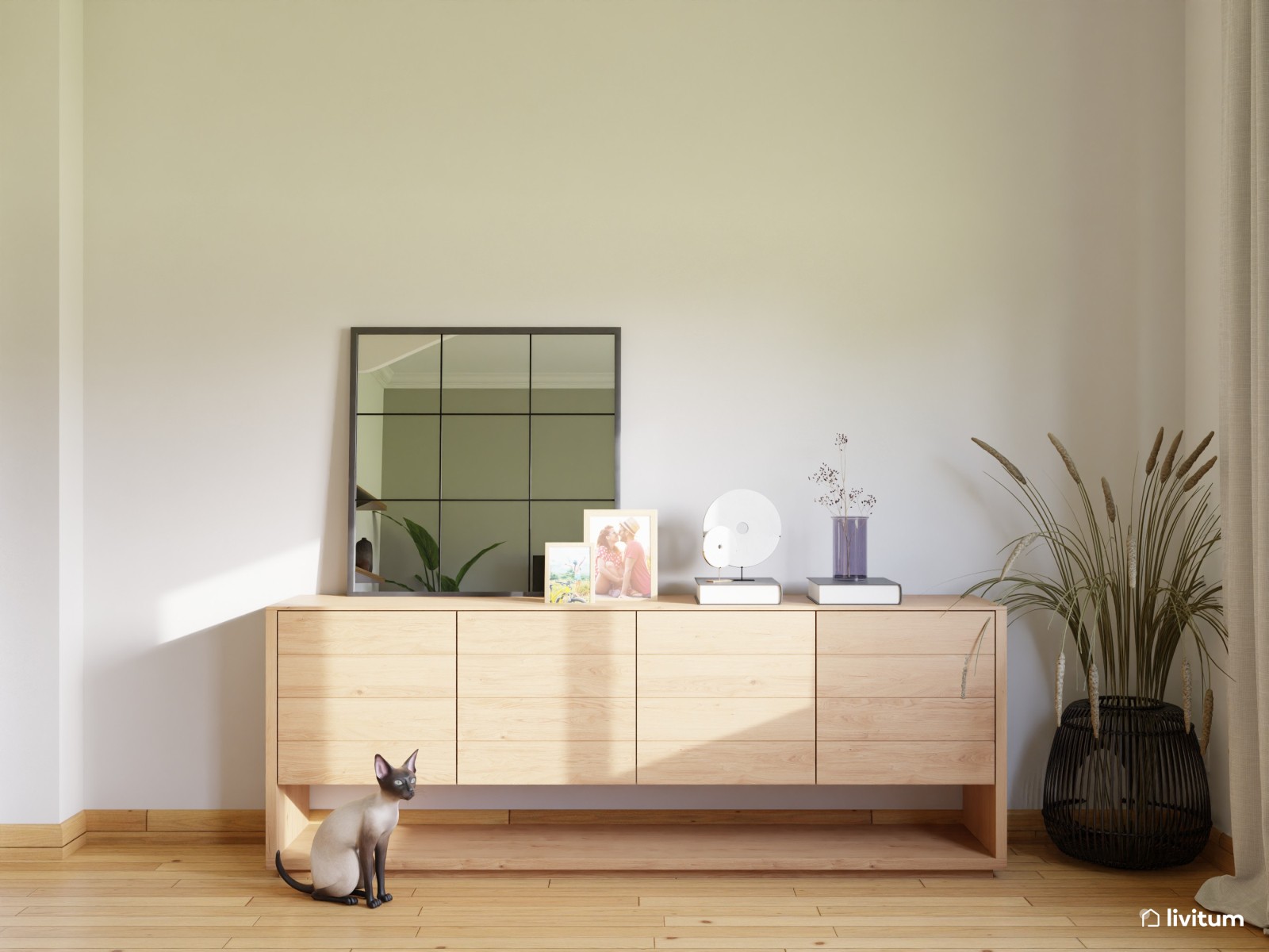 Salón comedor acogedor en madera, beige y verde 