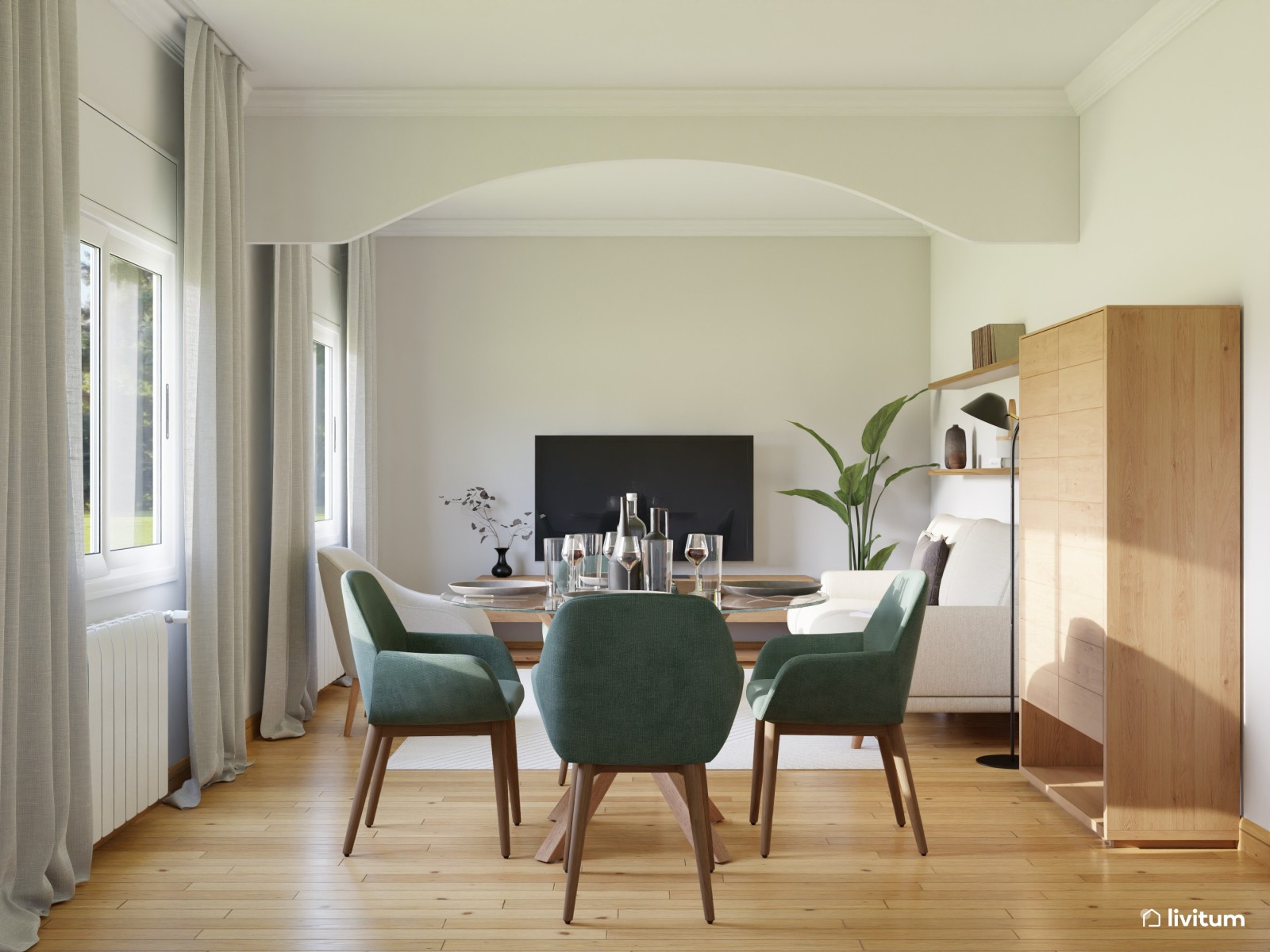 Salón comedor acogedor en madera, beige y verde 